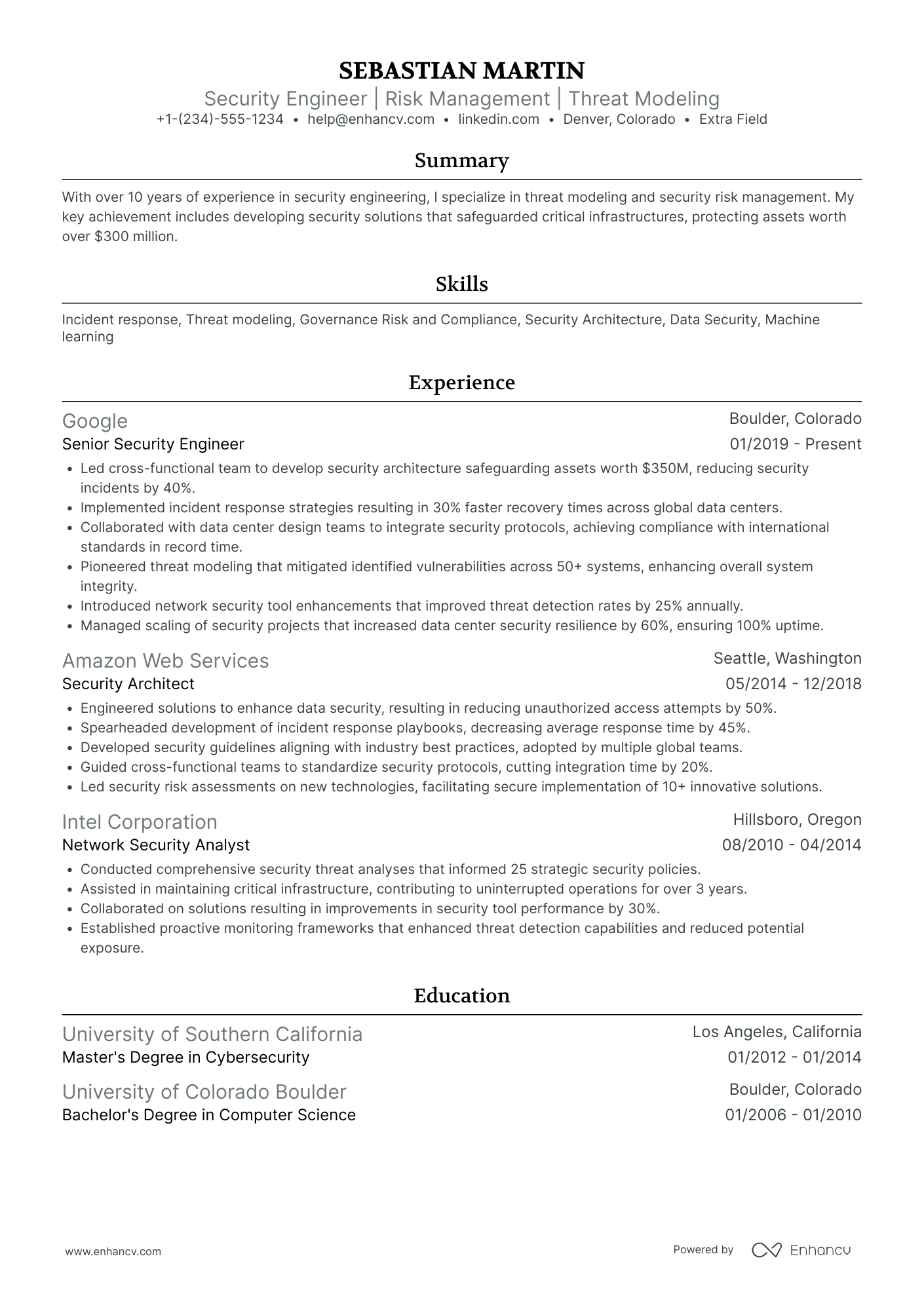 Facebook Security Engineer Resume Example