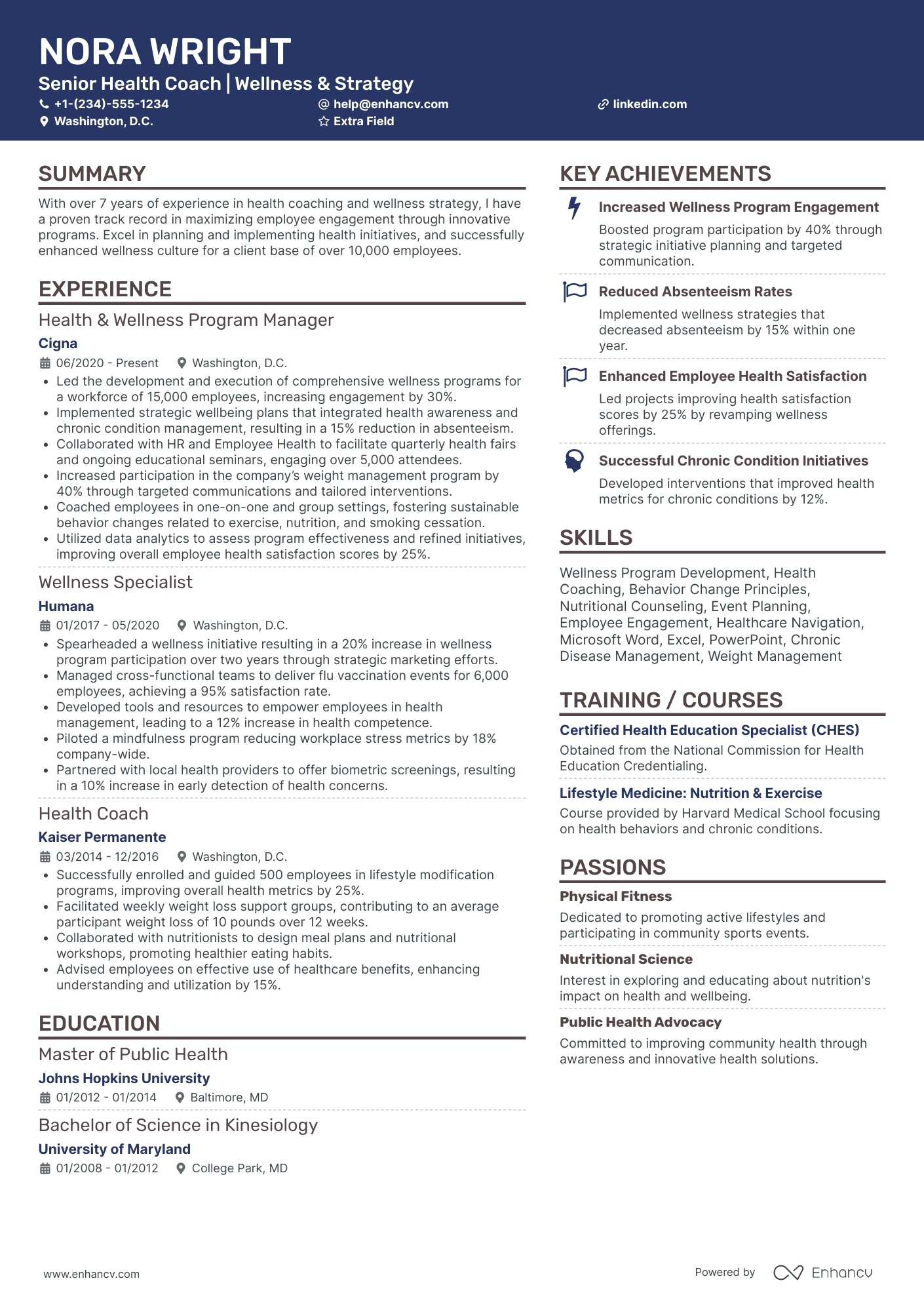 Senior Corporate Health Coach Resume Example