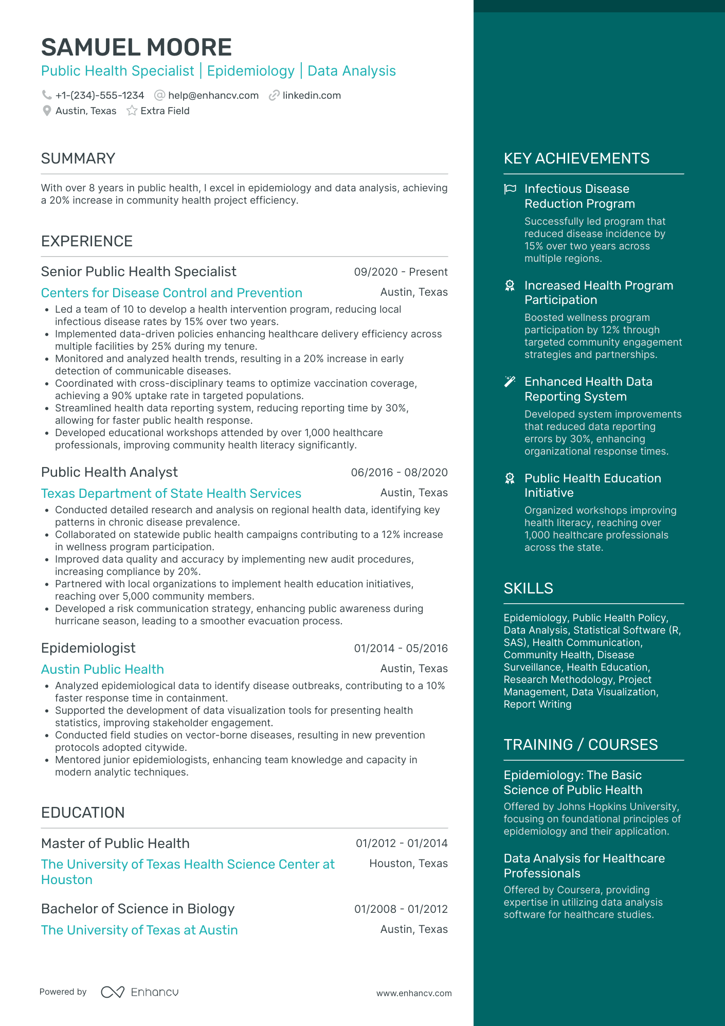 Public Health Specialist Resume Example