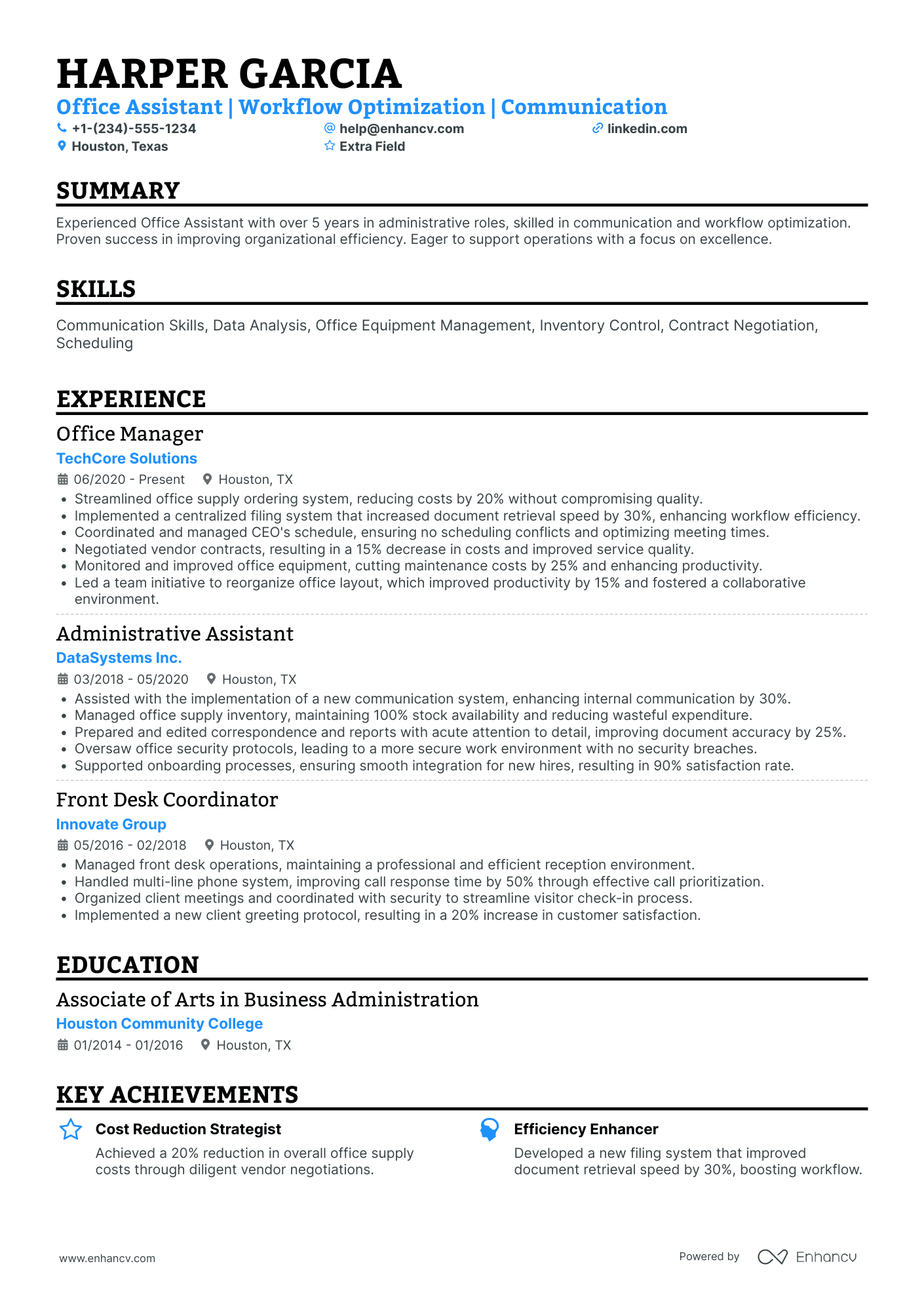 Office Assistant Manager Resume Example