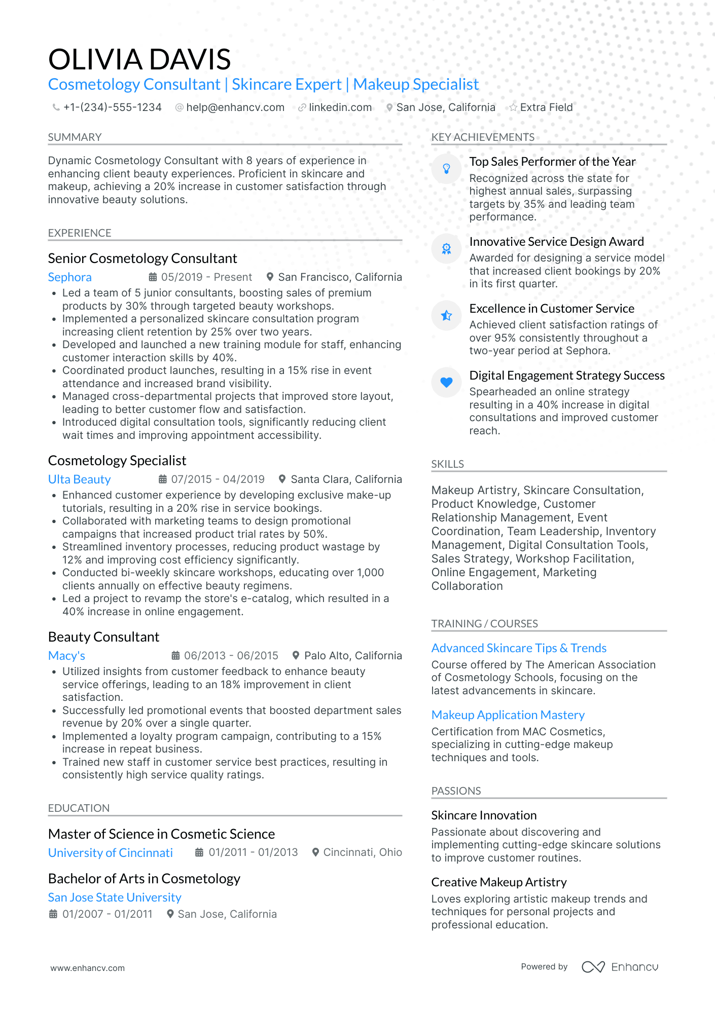 Cosmetology Consultant Resume Example