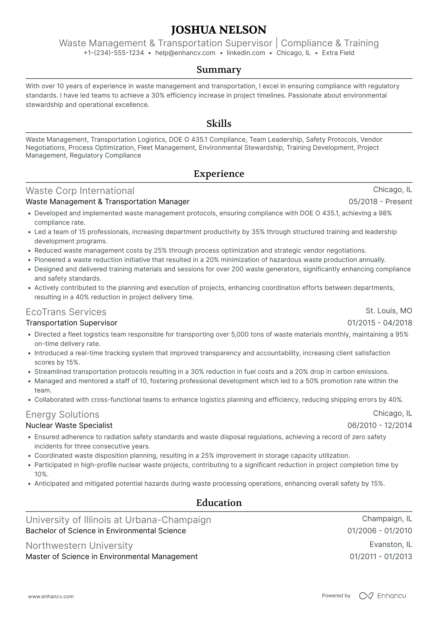 Waste Management Supervisor Resume Example