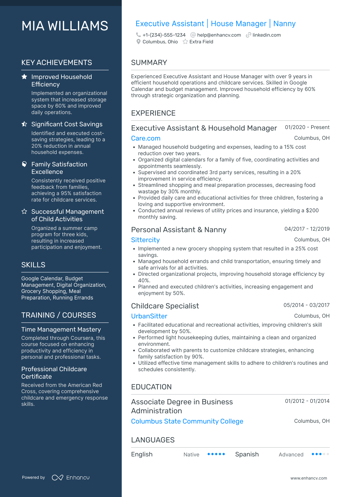 Assistant House Manager Resume Example