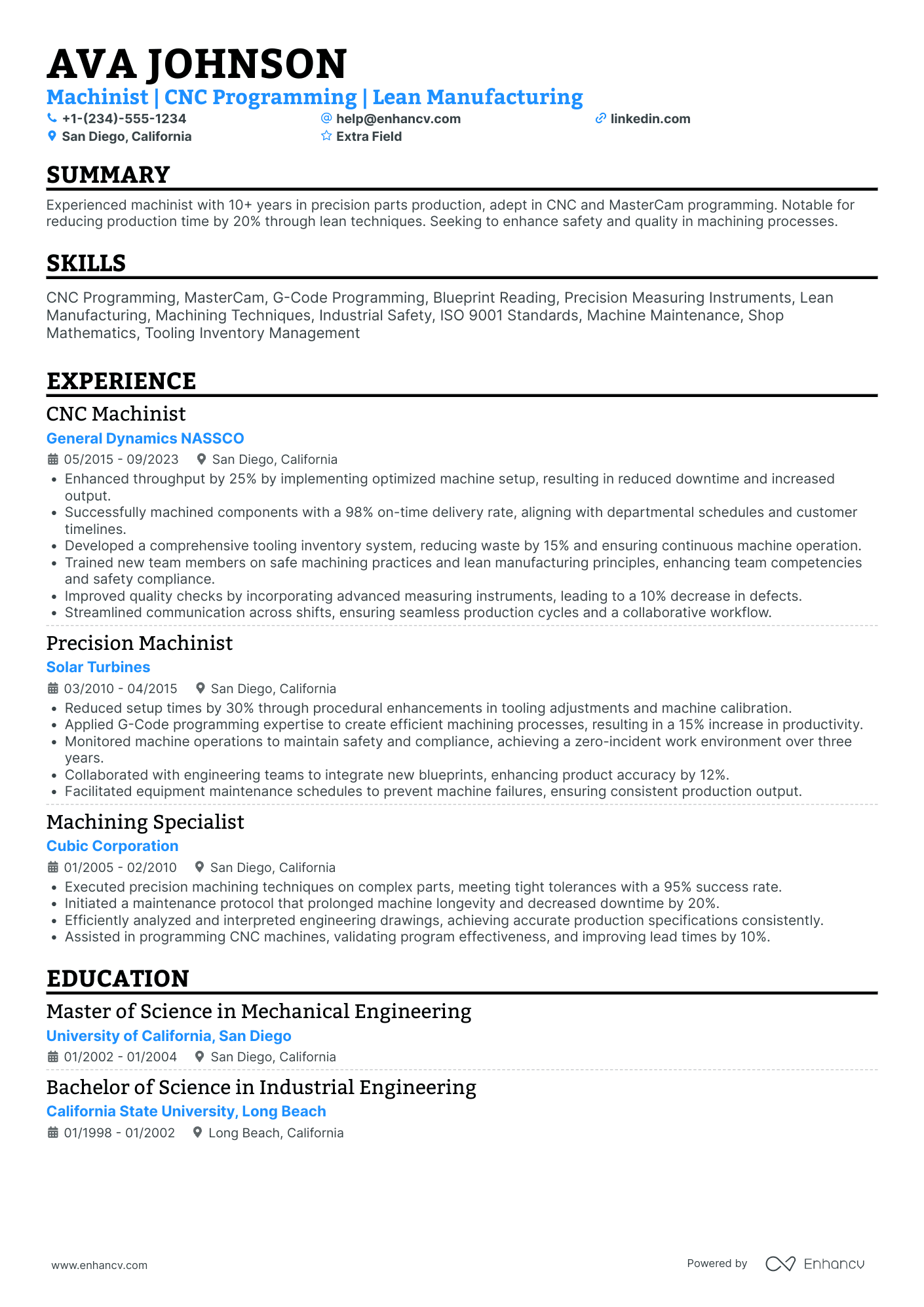 Lead CNC Machinist Resume Example