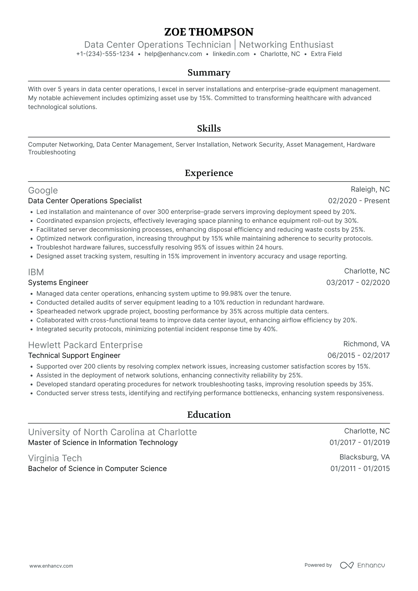 Data Center Operations Technician Resume Example