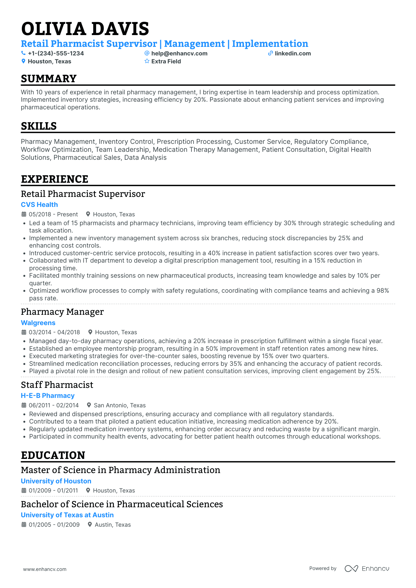 Retail Pharmacist Supervisor Resume Example