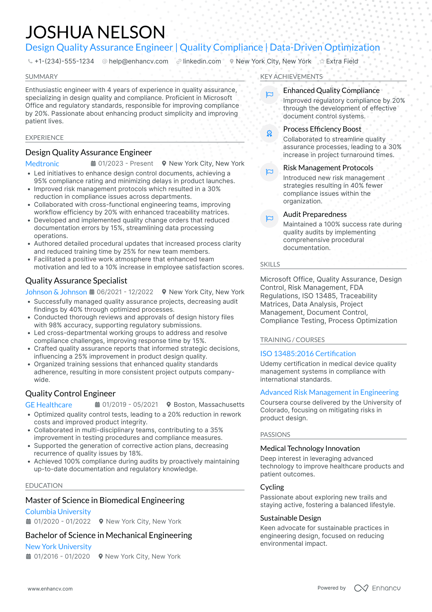 Biomedical Quality Assurance Engineer Resume Example