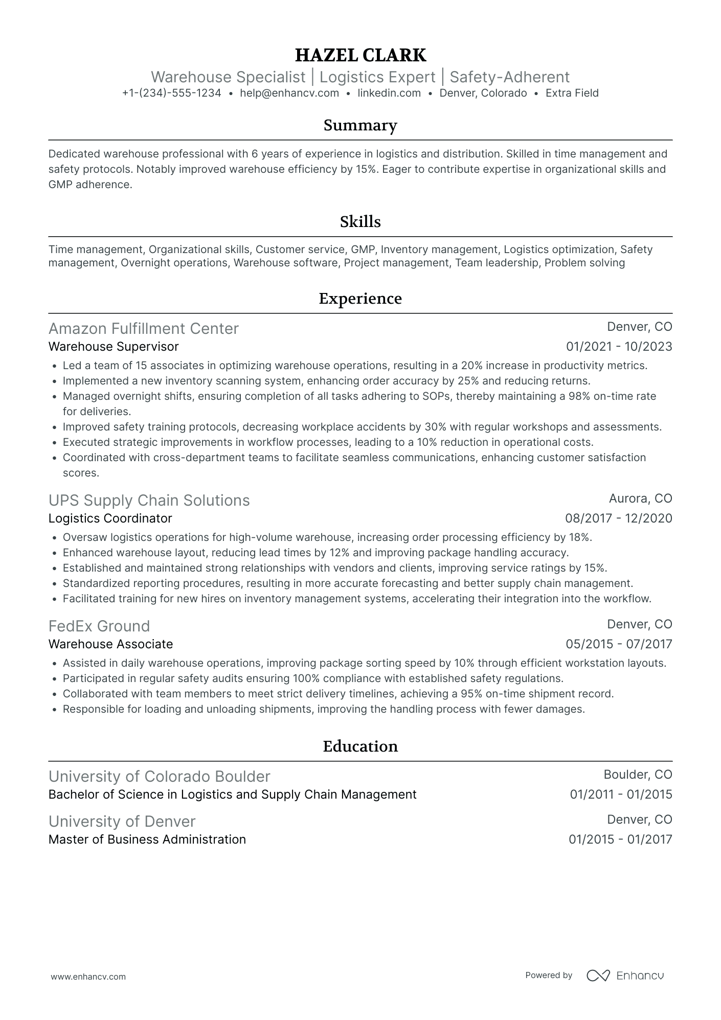 Factory Logistics Worker Resume Example