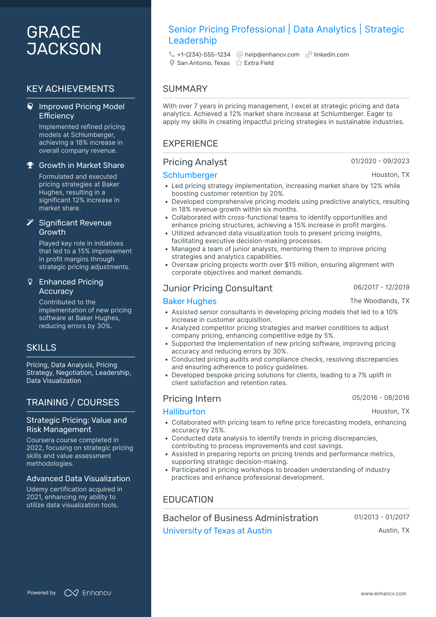 Junior Pricing Manager Resume Example