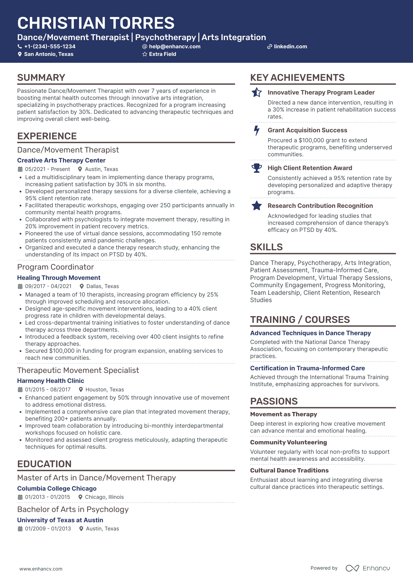 Dance/Movement Therapist Resume Example