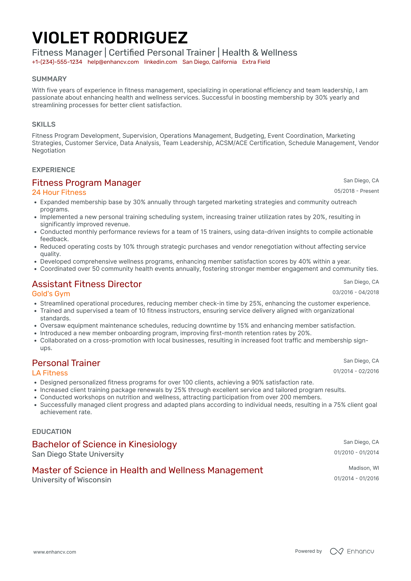 Fitness and Wellness Manager Resume Example