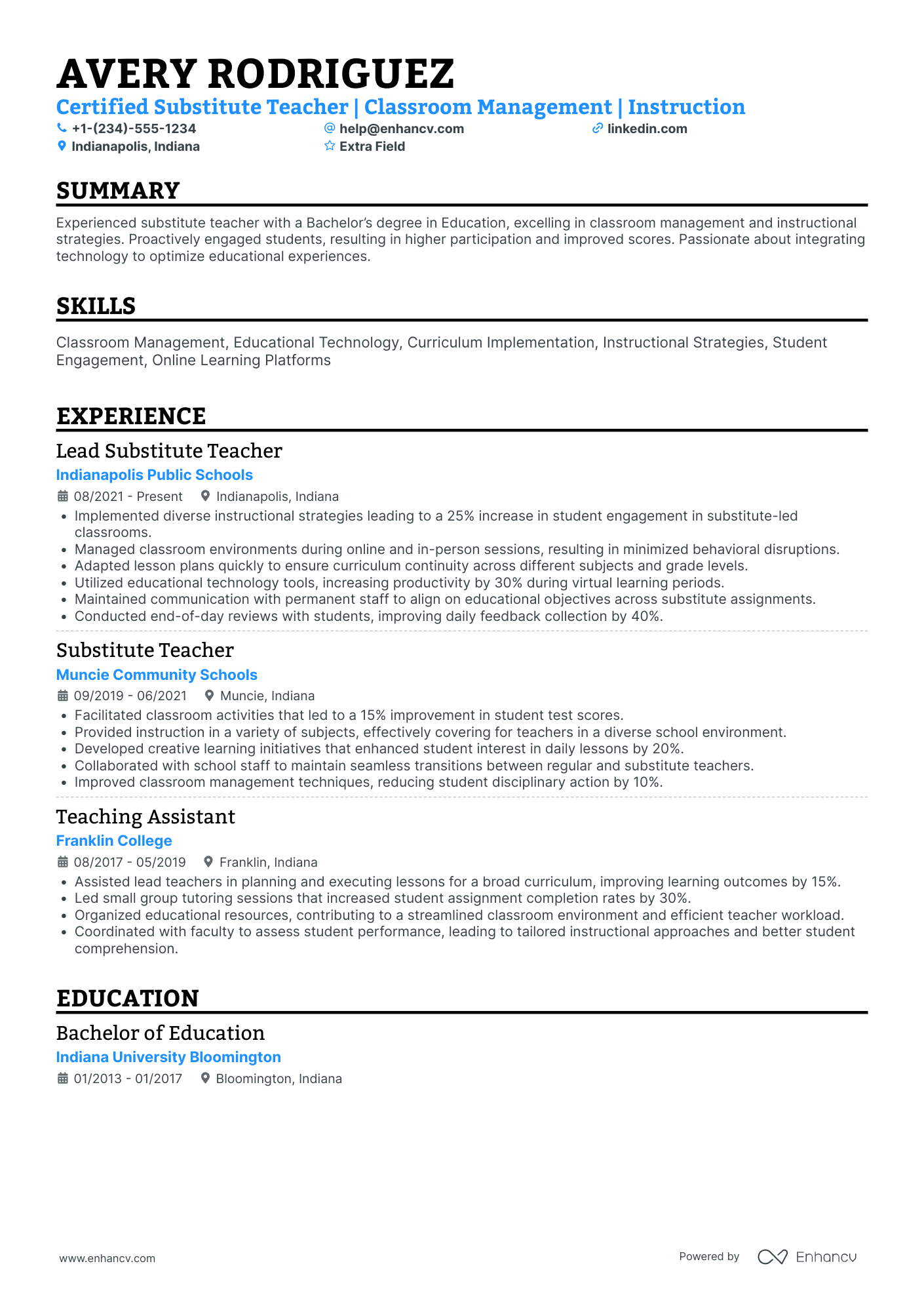 Certified Substitute Teacher Resume Example