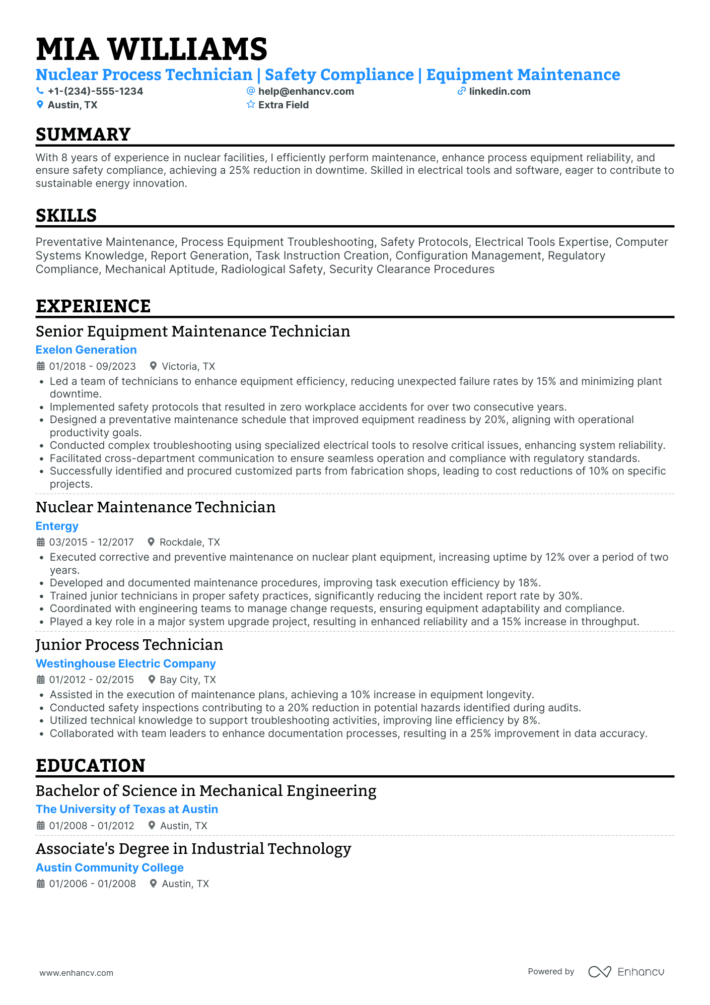 Mechanical Maintenance Technician Resume Example