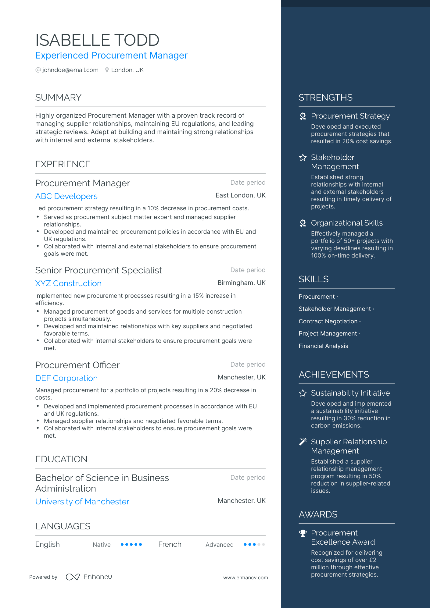 Procurement Manager Resume Example