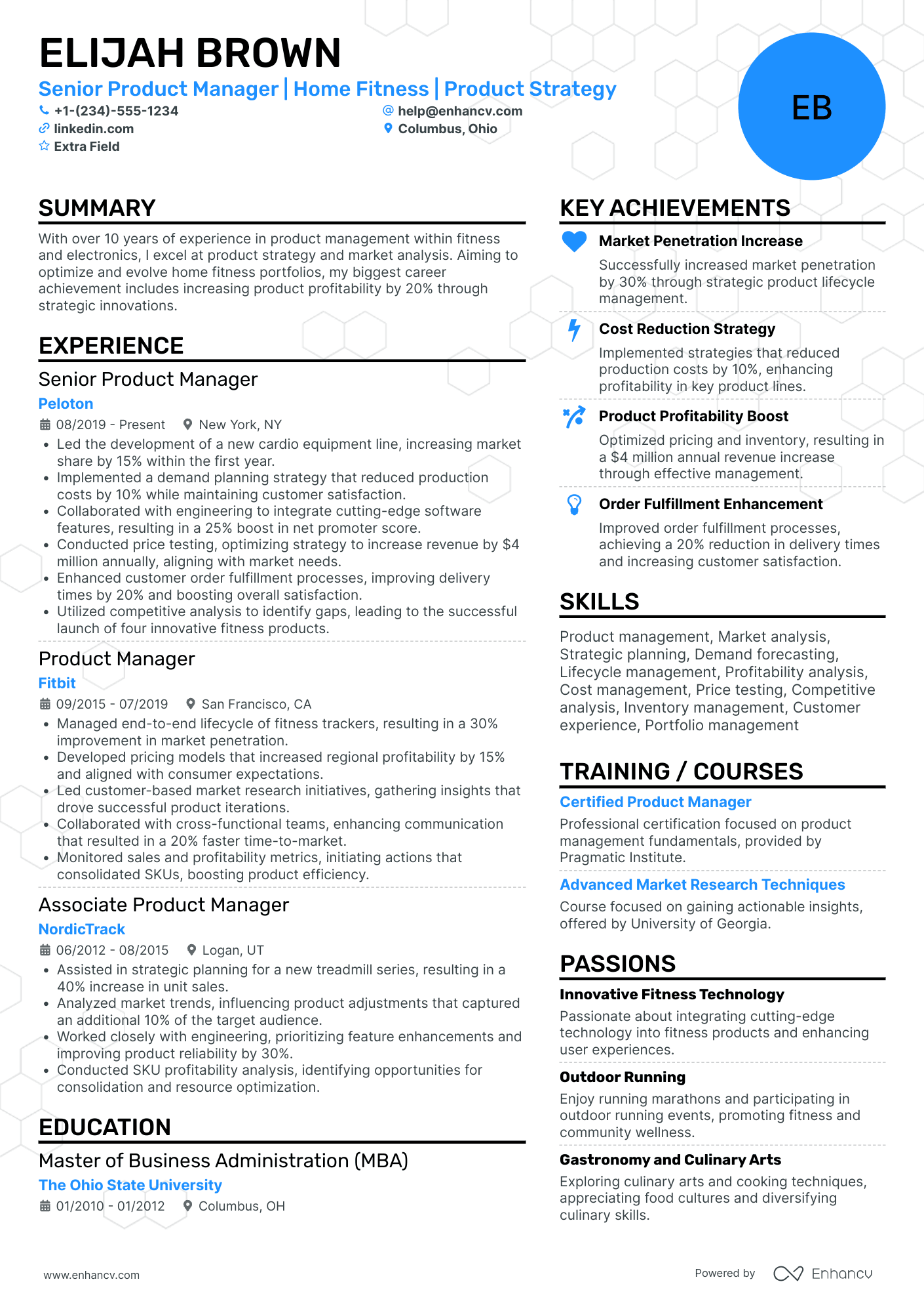 Fitness Product Manager Resume Example