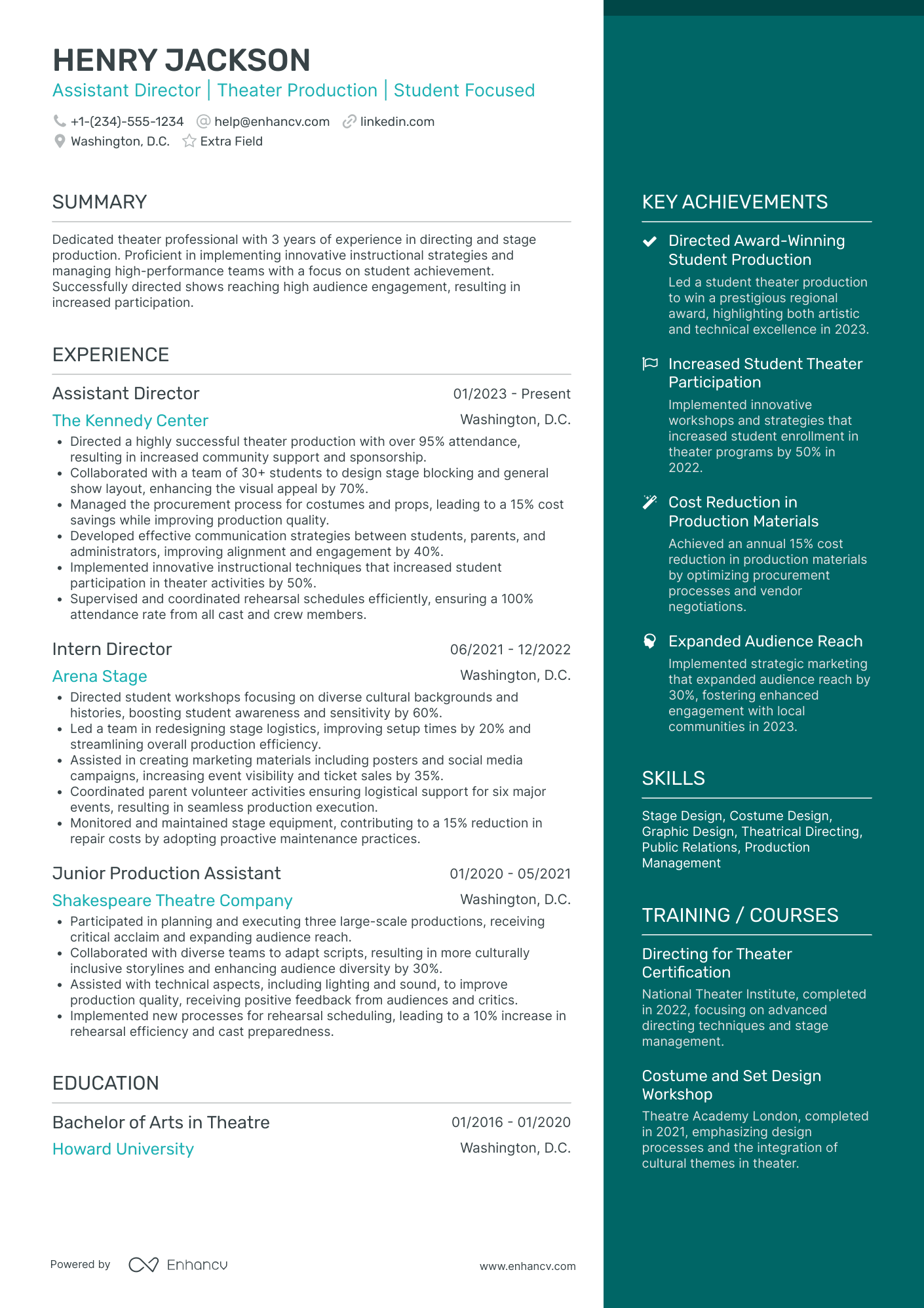 Theatre Production Assistant Resume Example