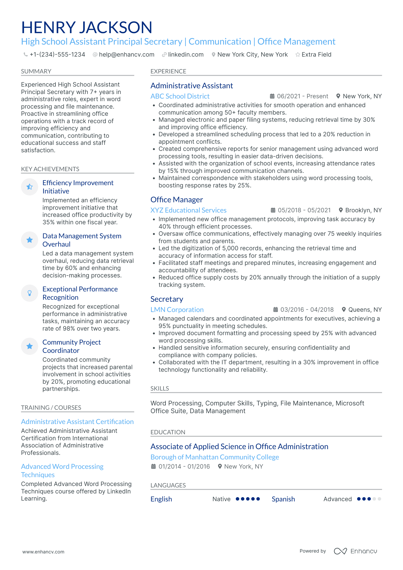 Office Assistant Secretary Resume Example