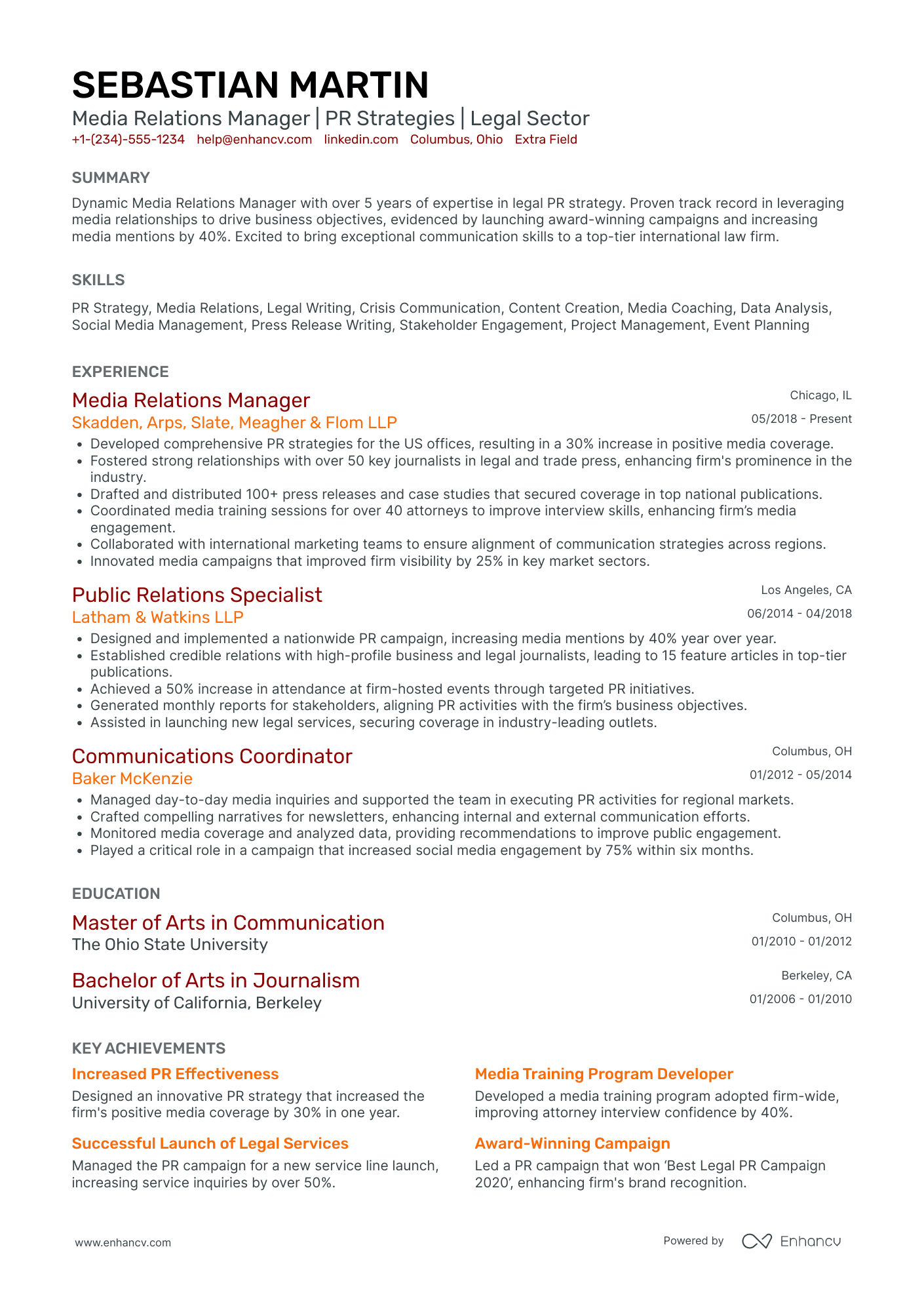 Communication and Media Relations Manager Resume Example