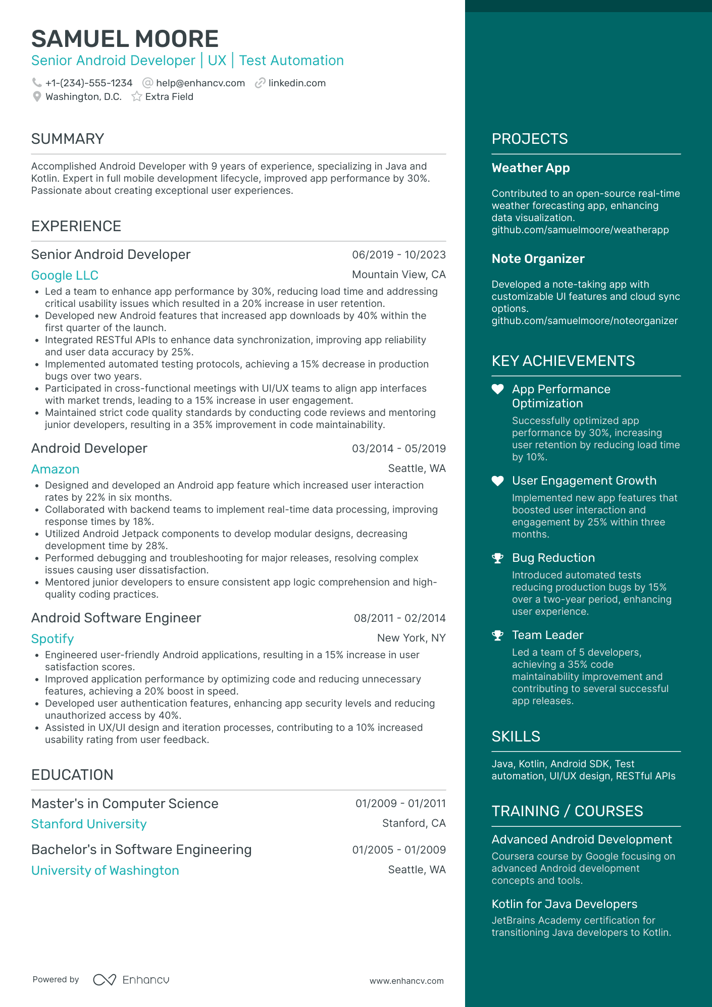 Android UI/UX Developer Resume Example