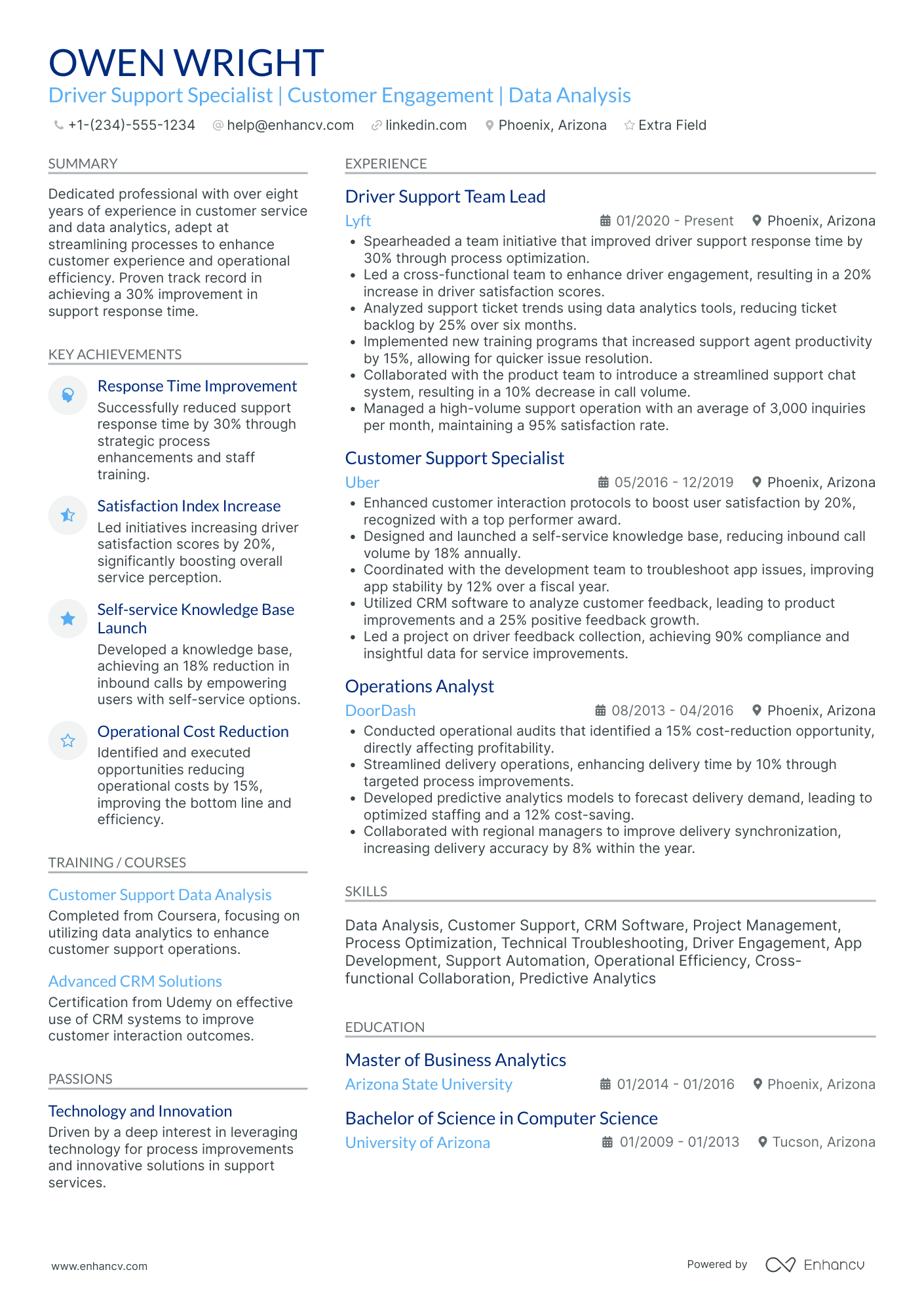 Uber Driver Support Specialist Resume Example