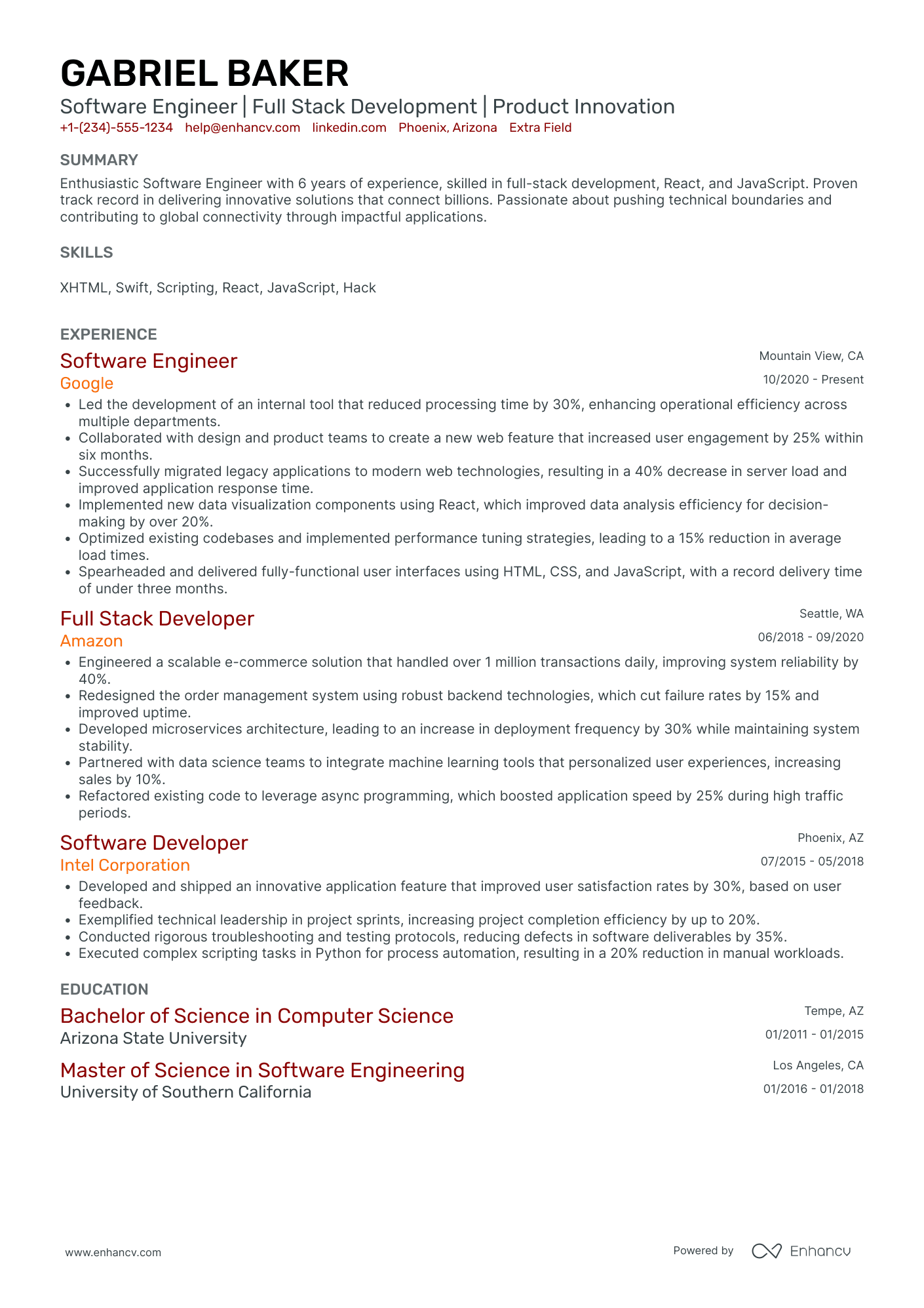 Facebook Software Engineer Resume Example