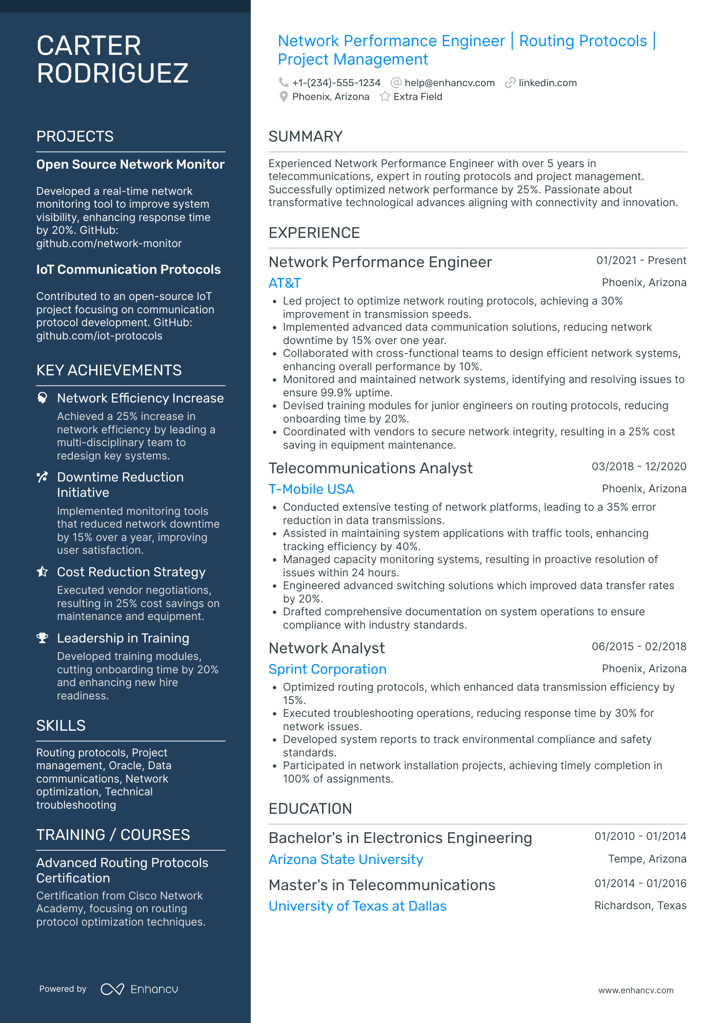 Network Performance Engineer Resume Example