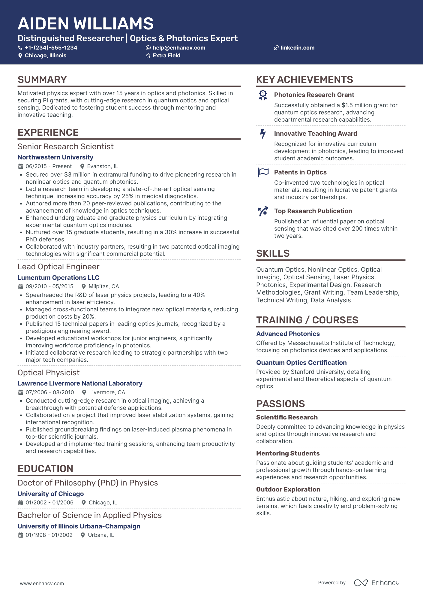 Distinguished Professor of Physics Resume Example