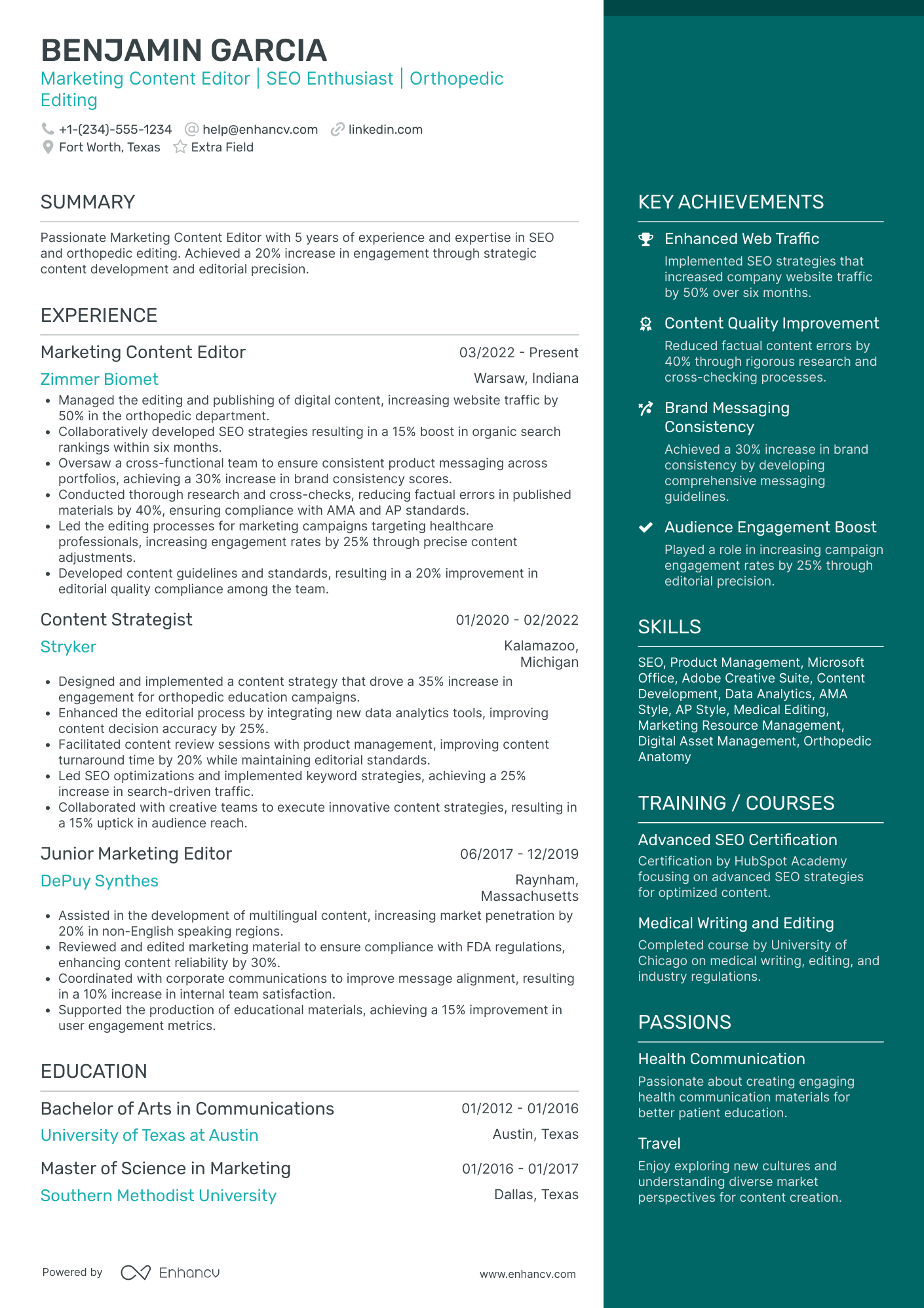 Content Marketing Editor Resume Example