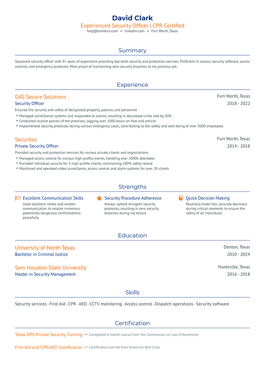 Protective Security Officer Resume Example
