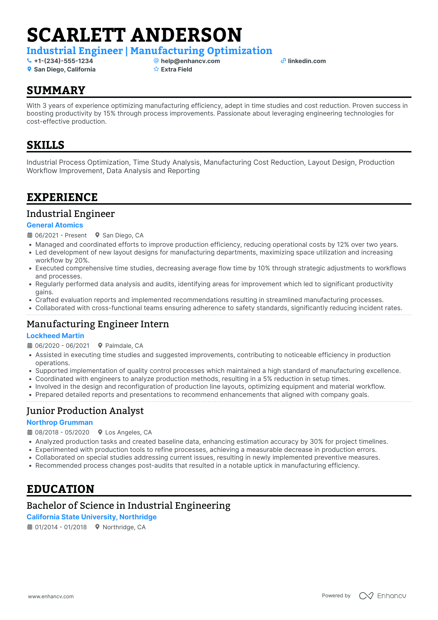 Junior Industrial Engineer Resume Example