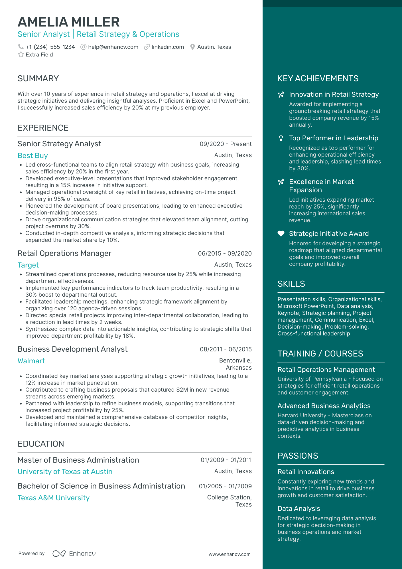 Retail Planning Analyst Resume Example