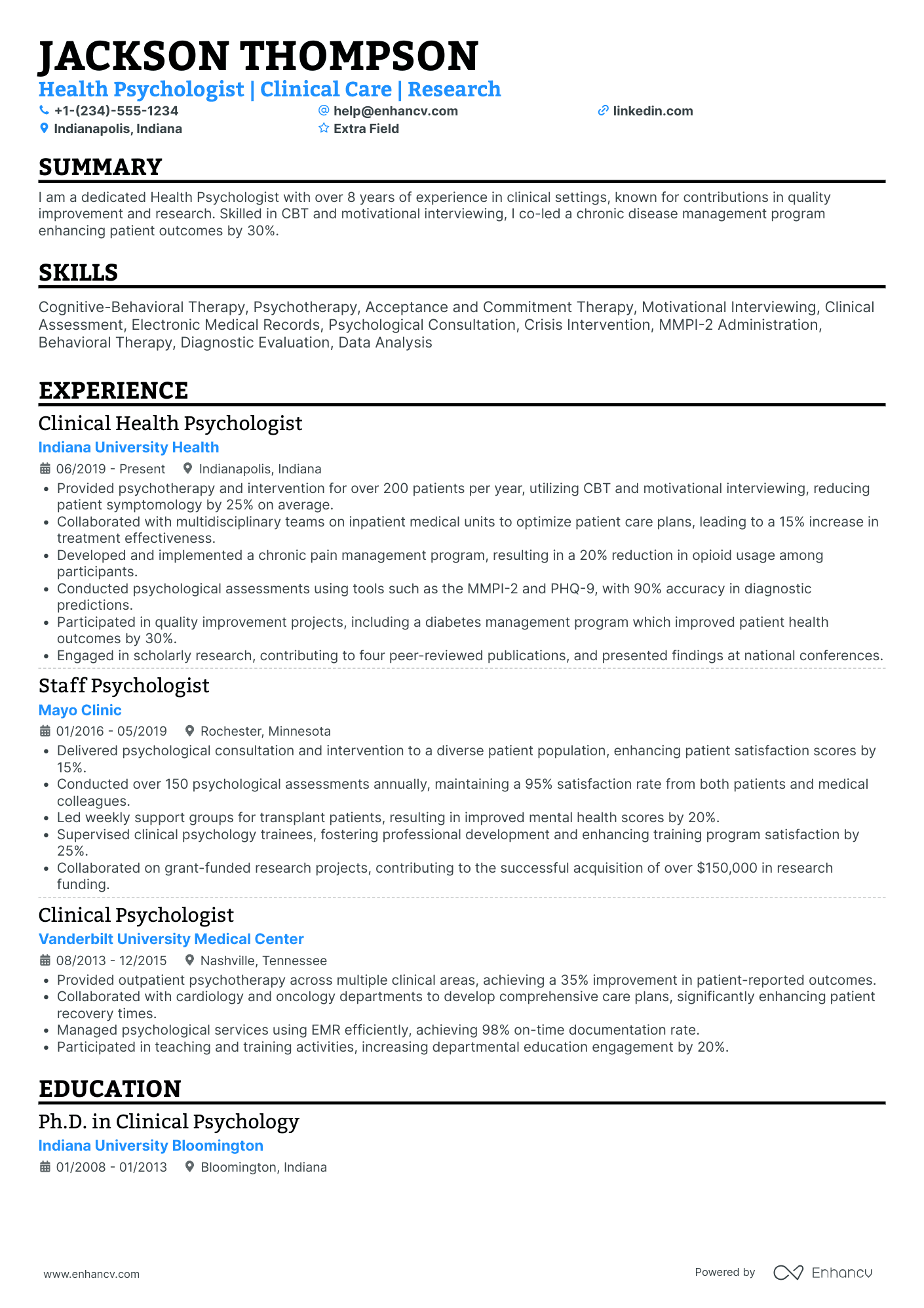 Health Psychologist Resume Example