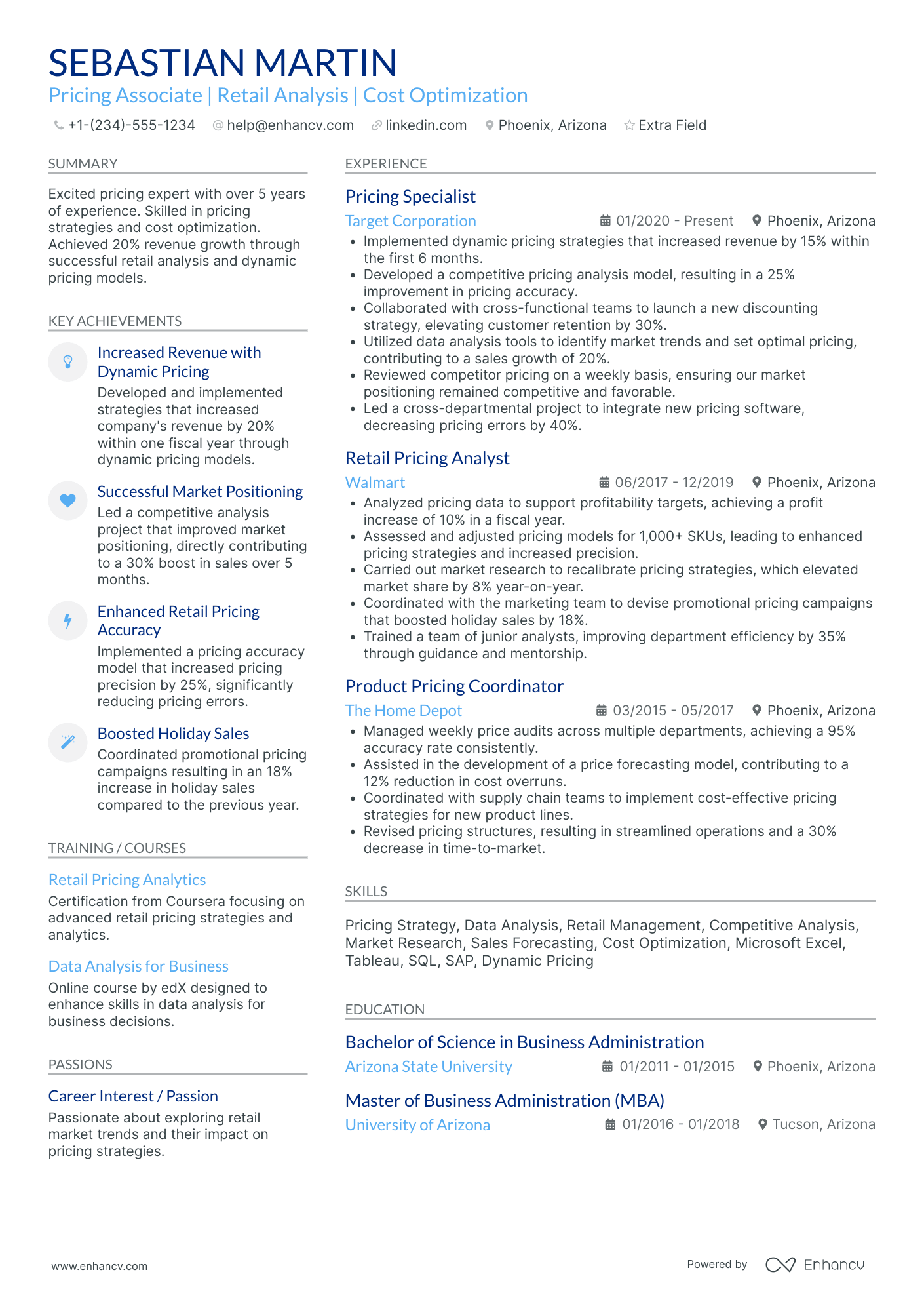 Associate Pricing Manager Resume Example