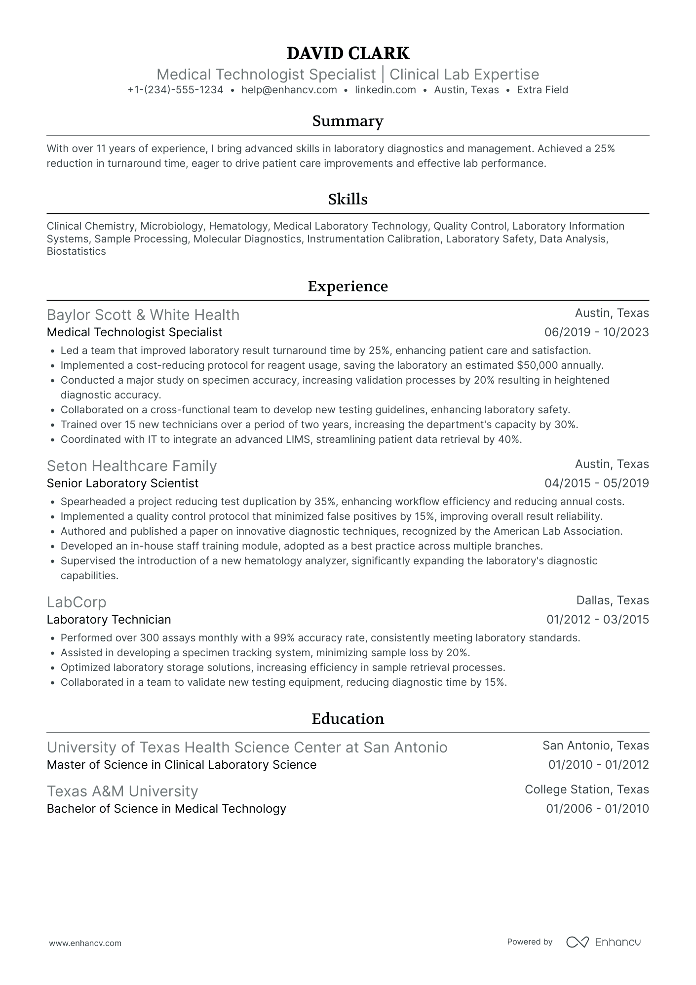 Medical Technologist Specialist Resume Example