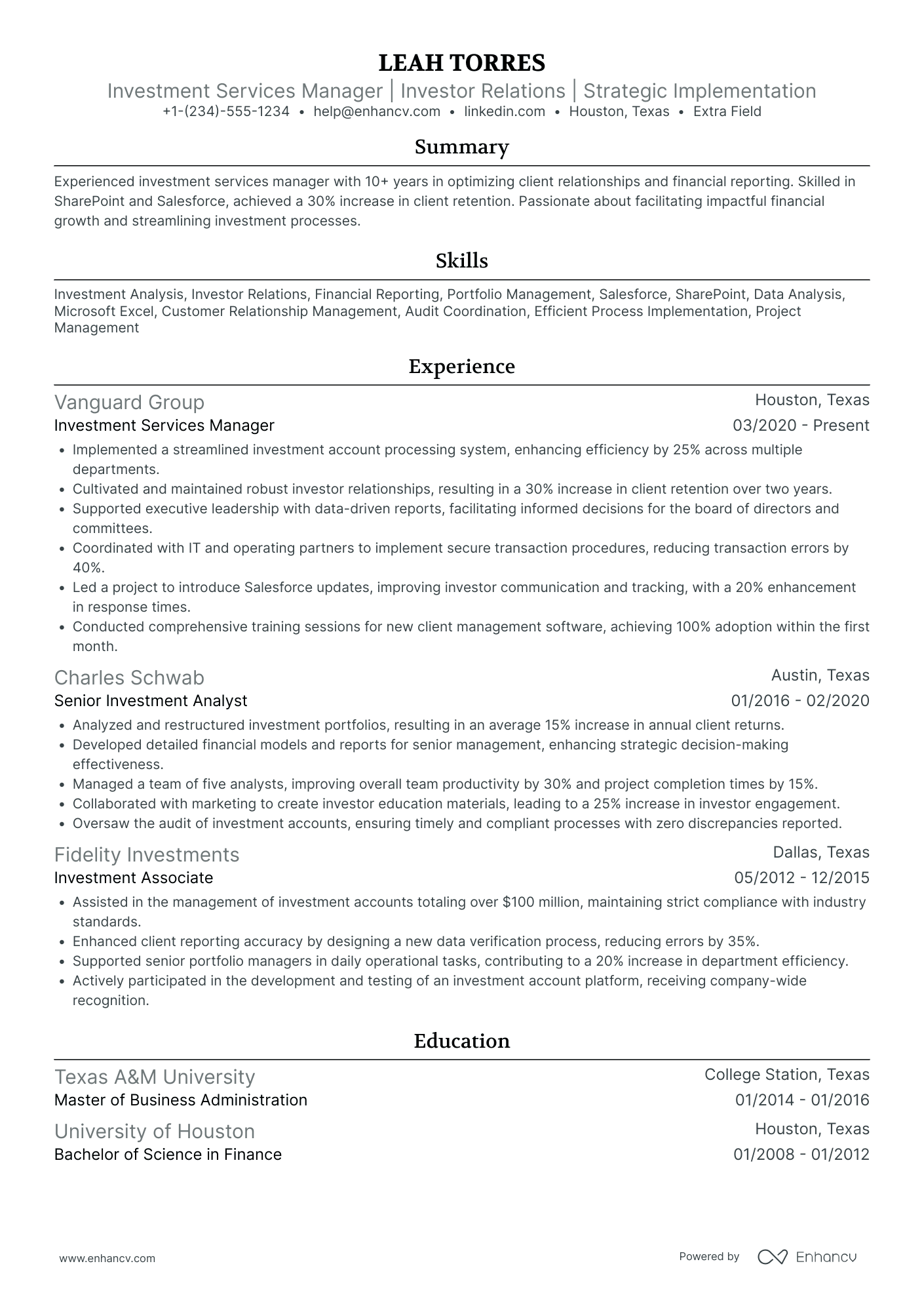 Investment Client Service Manager Resume Example