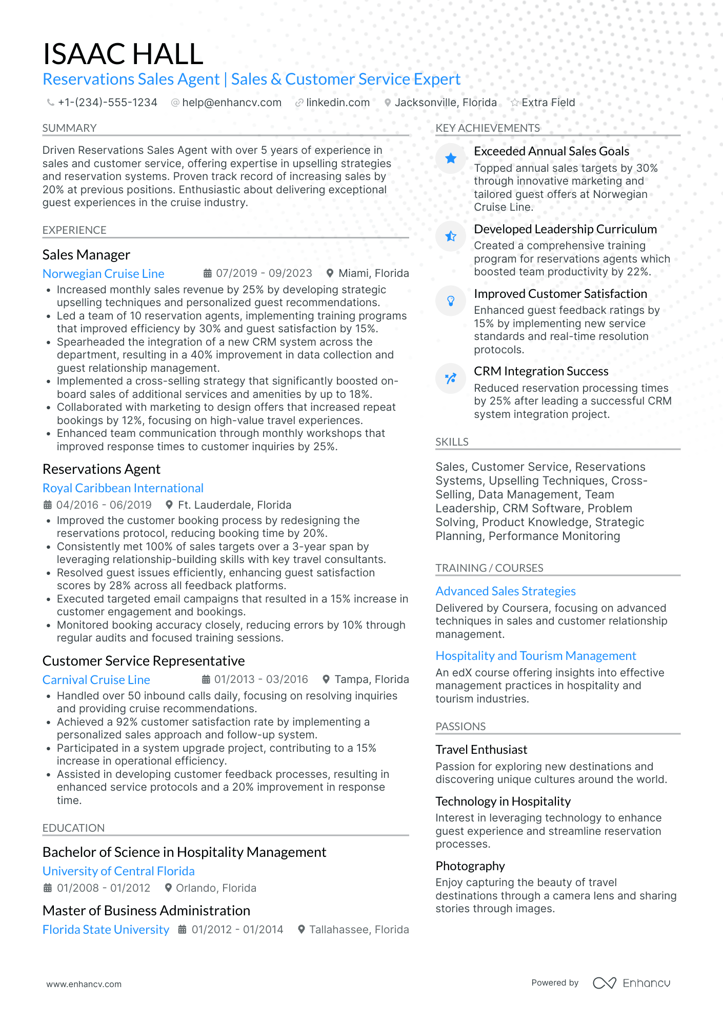 Cruise Line Reservation Sales Agent Resume Example