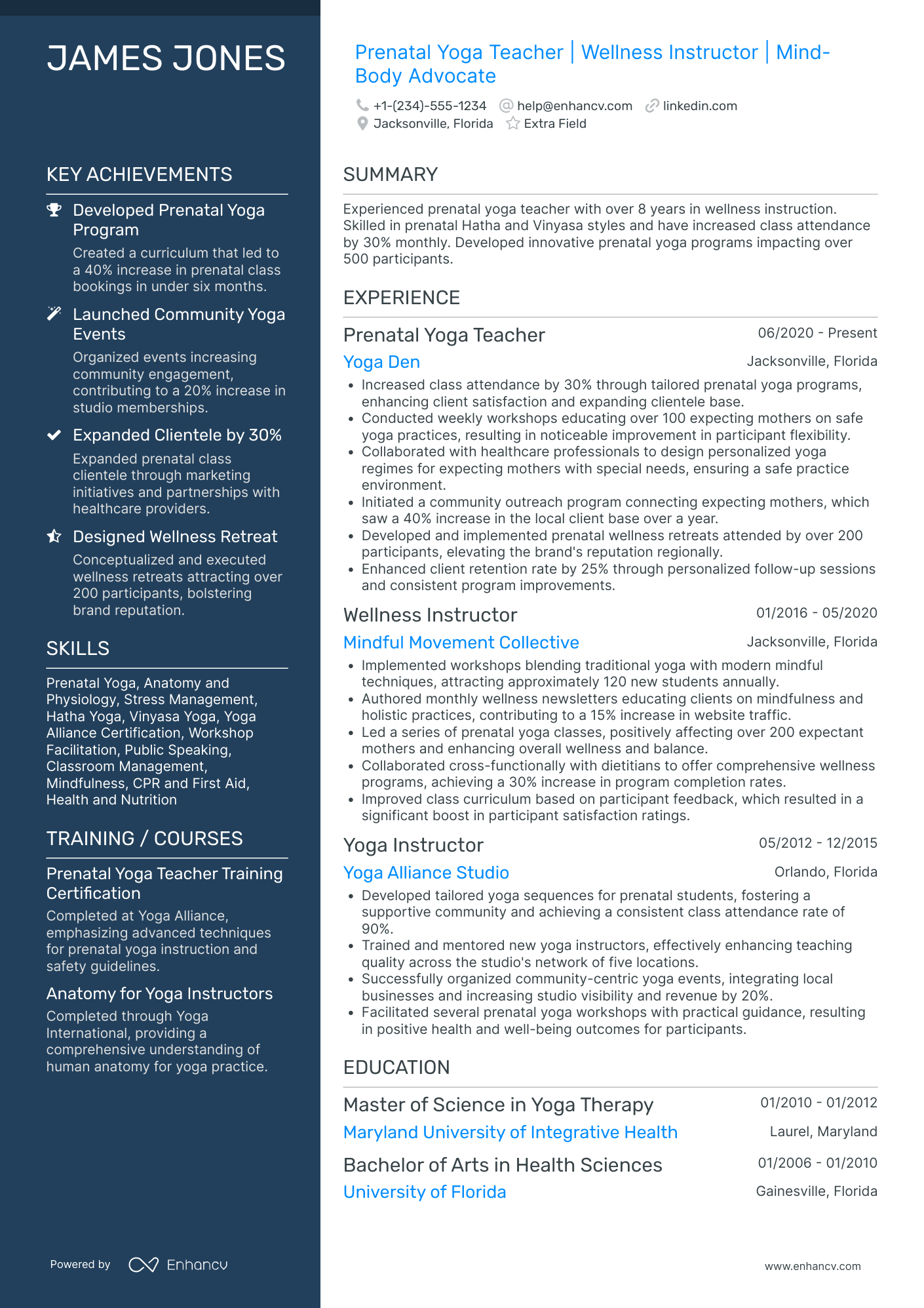 Prenatal Yoga Teacher Resume Example