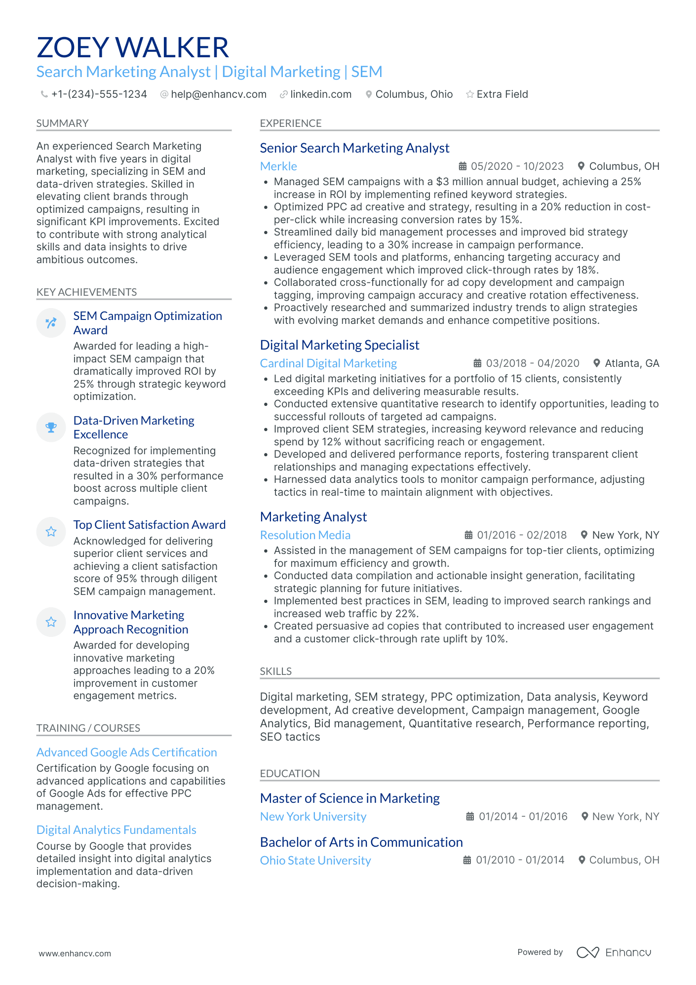 Entry Level Digital Marketing Analyst Resume Example