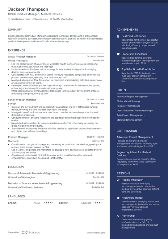 Global Product Manager Resume Example