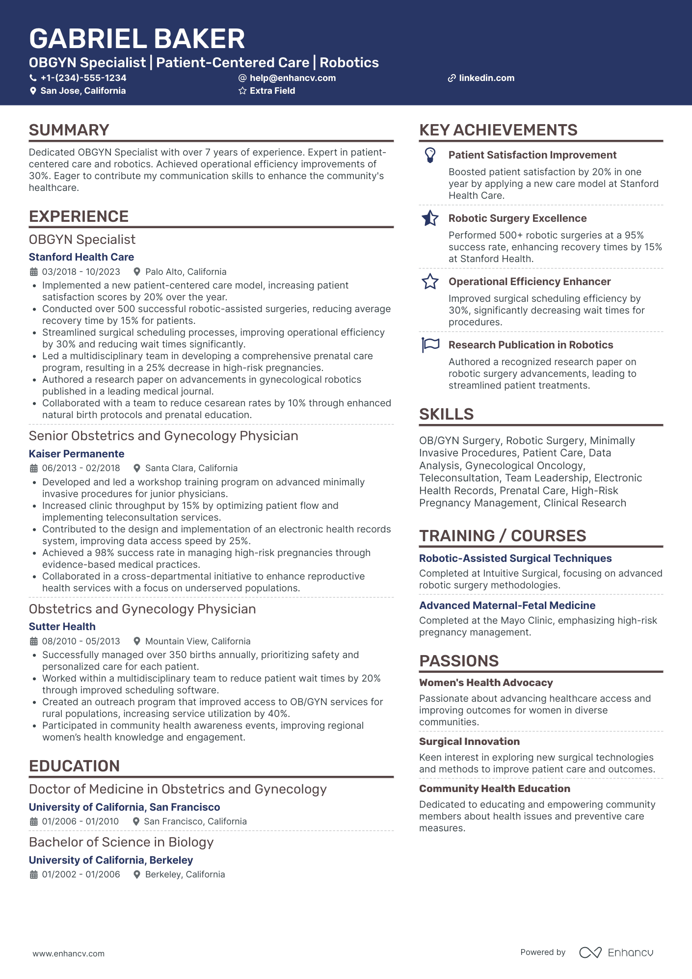 Obstetrics and Gynecology Doctor (OB/GYN) Resume Example