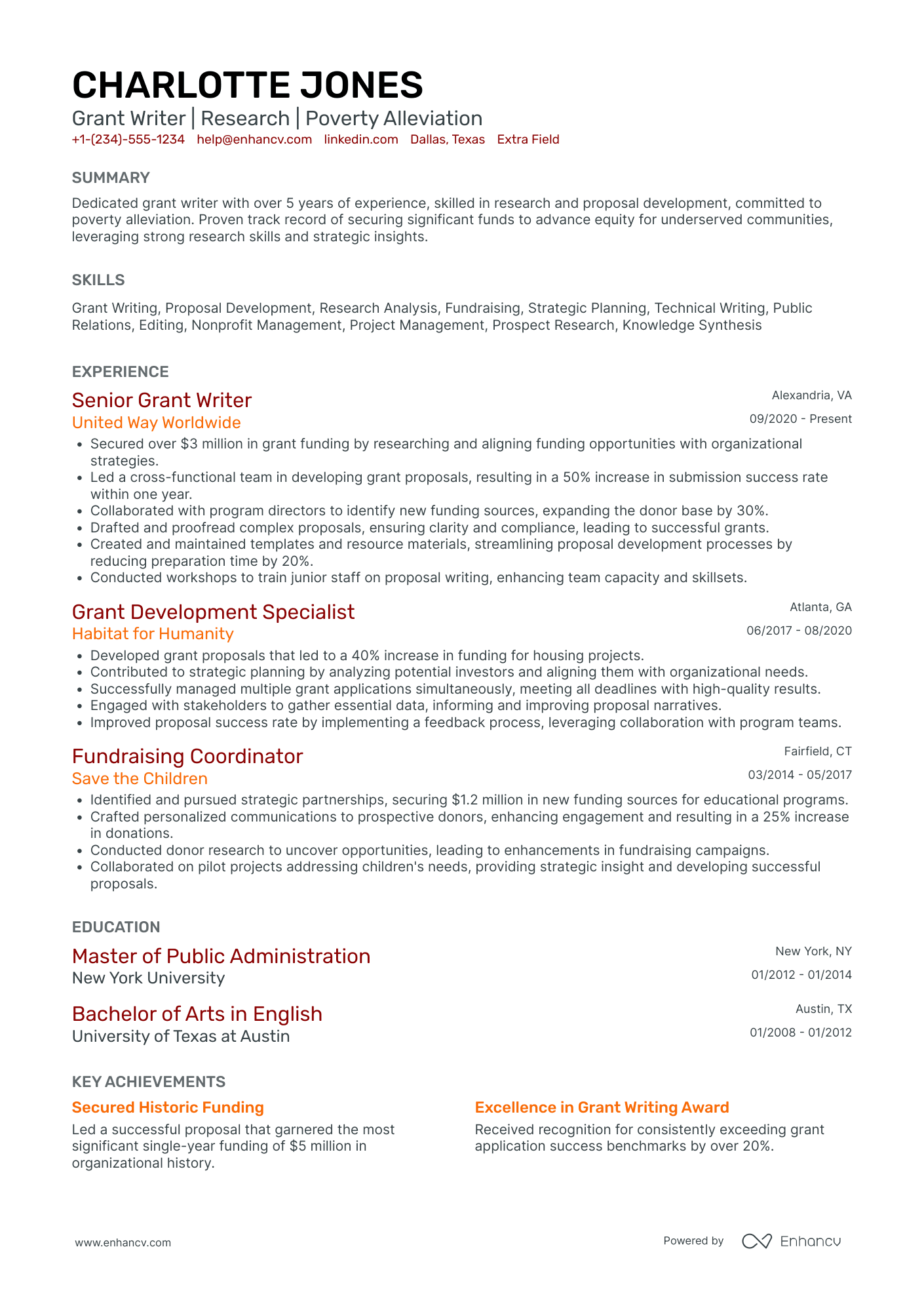 Freelance Grant Writer Resume Example