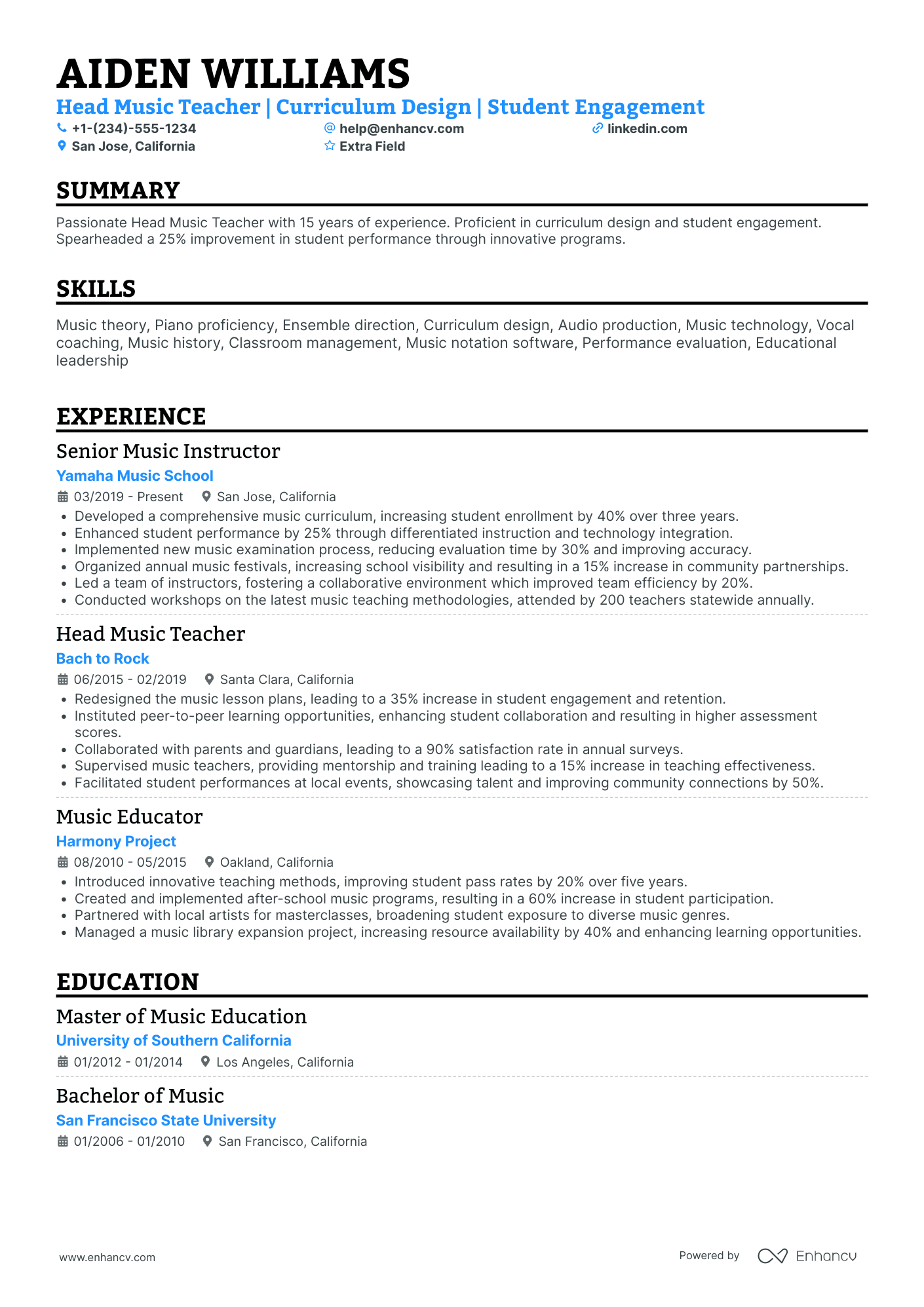 Head Music Teacher Resume Example