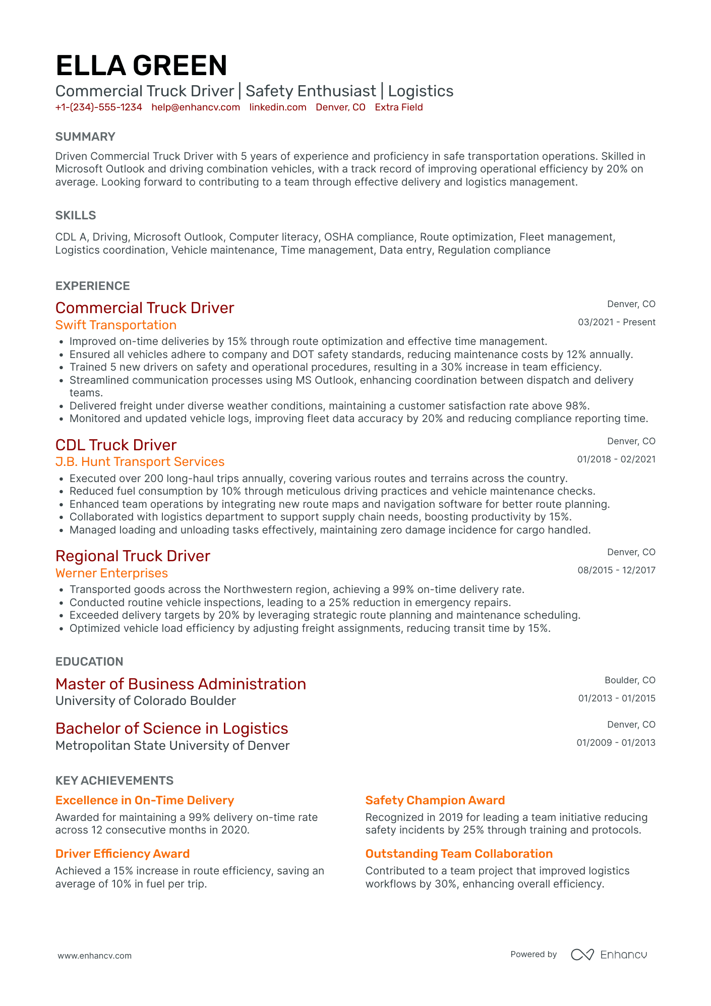 Commercial Truck Driver Resume Example