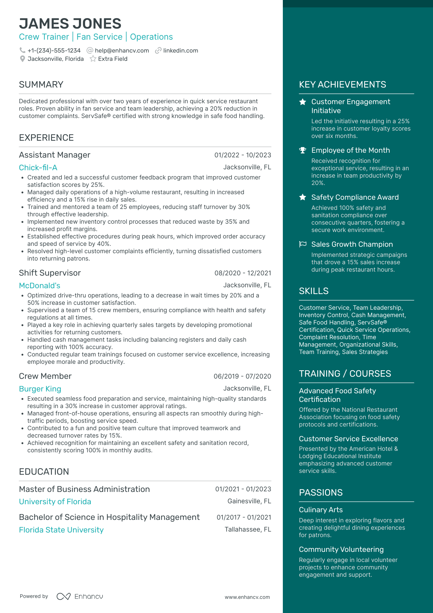 Fast Food Trainer Resume Example