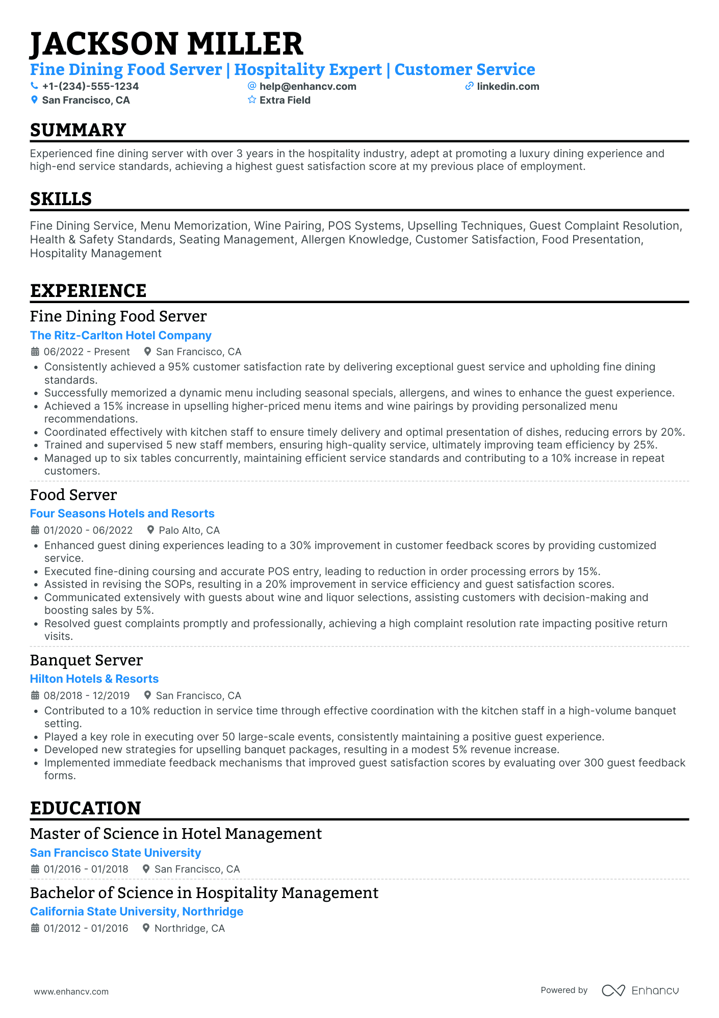 Fine Dining Wine Server Resume Example