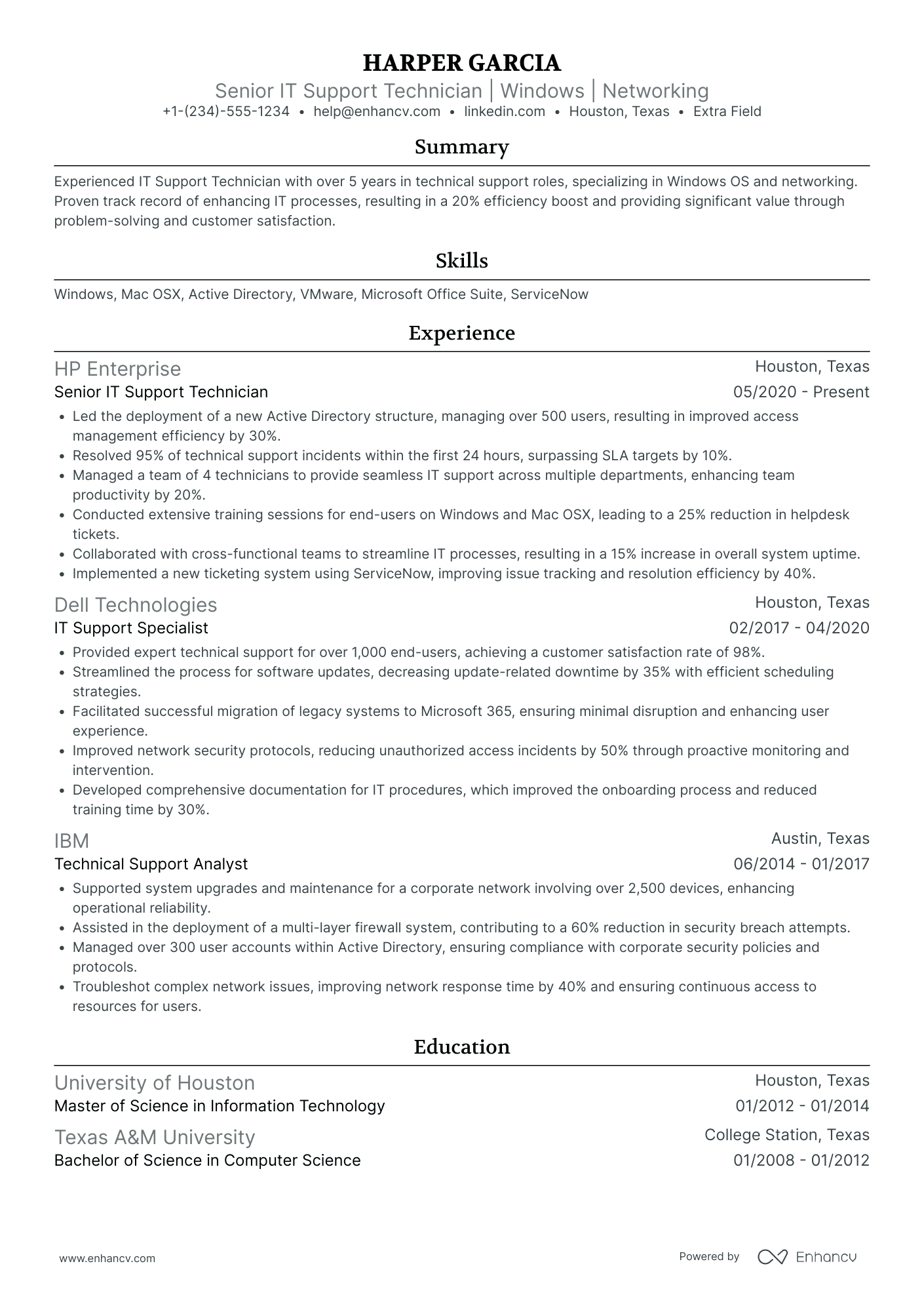 Senior IT Support Technician Resume Example