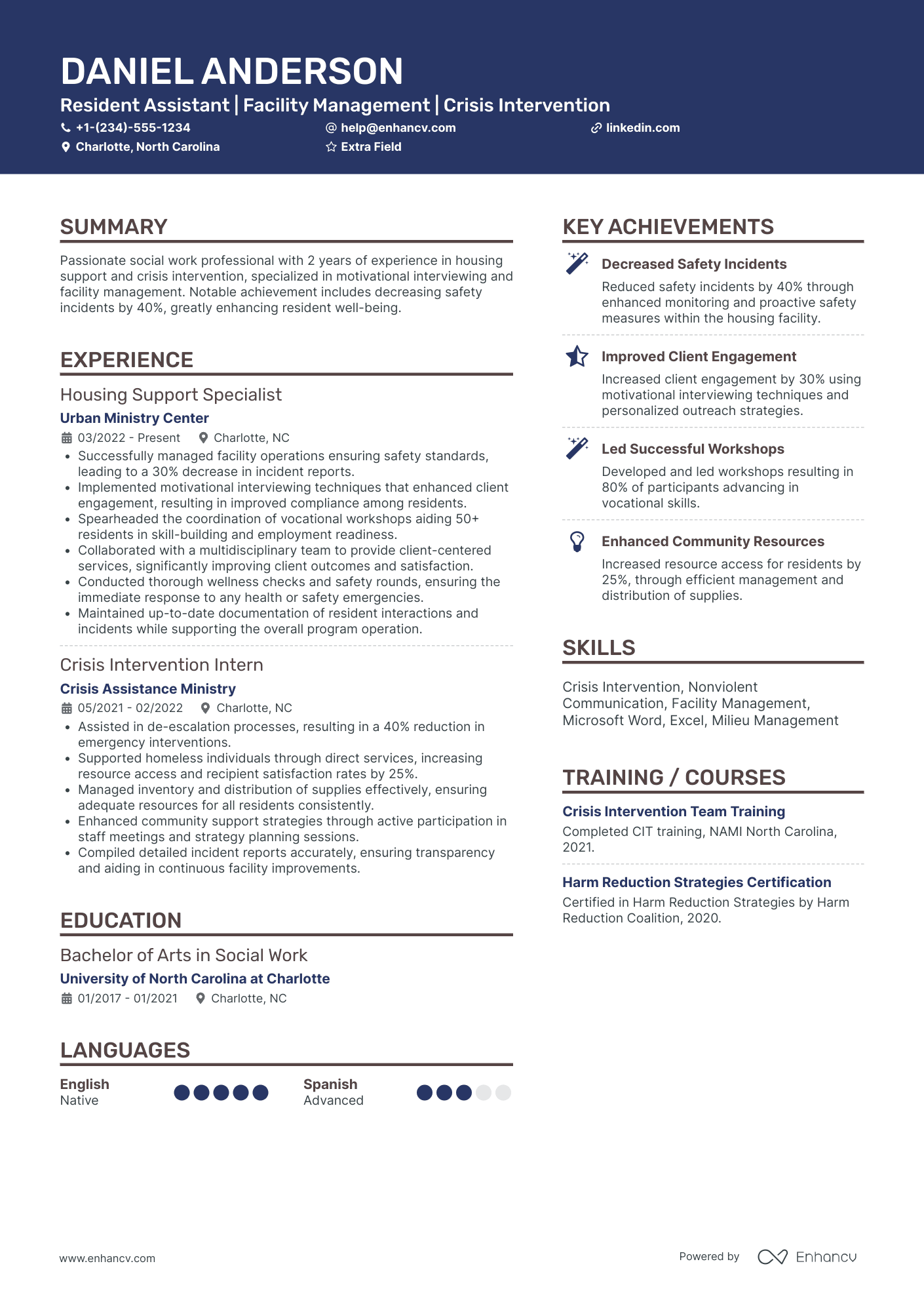 Night Resident Assistant Resume Example