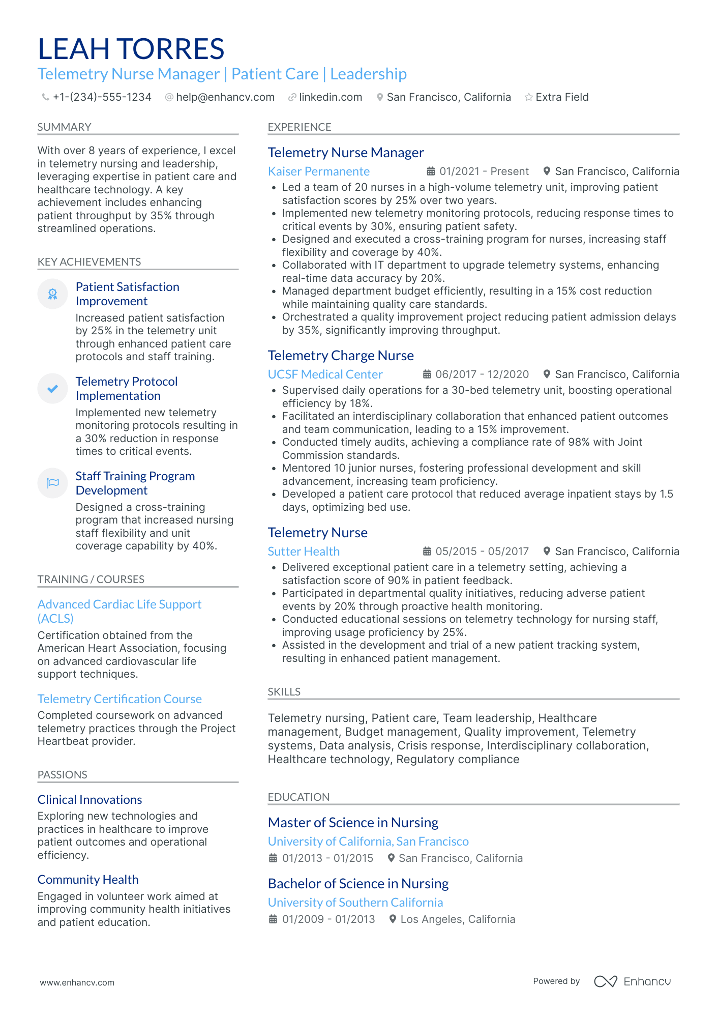 Telemetry Nurse Manager Resume Example