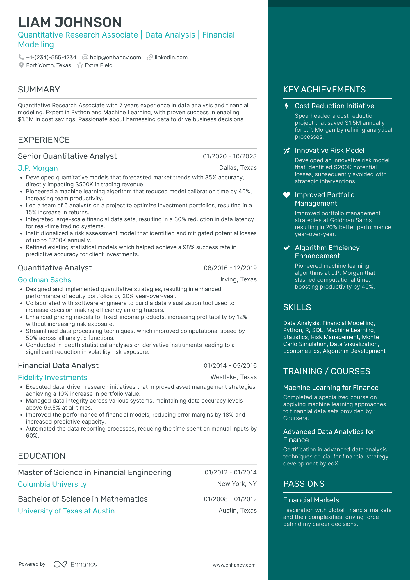 Quantitative Research Associate Resume Example