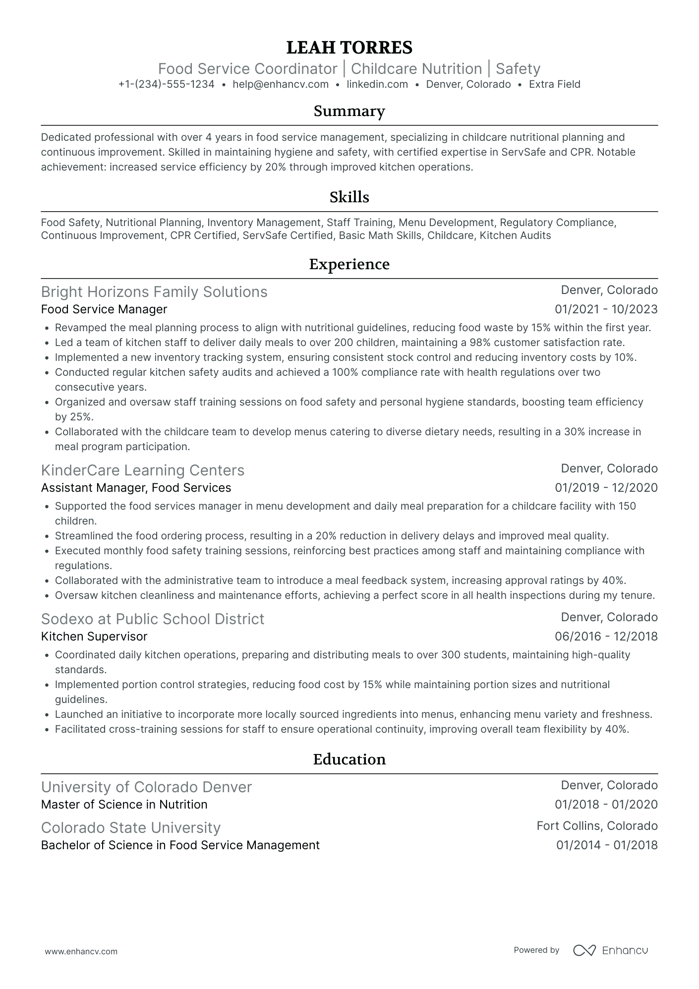 Food Service Coordinator Resume Example